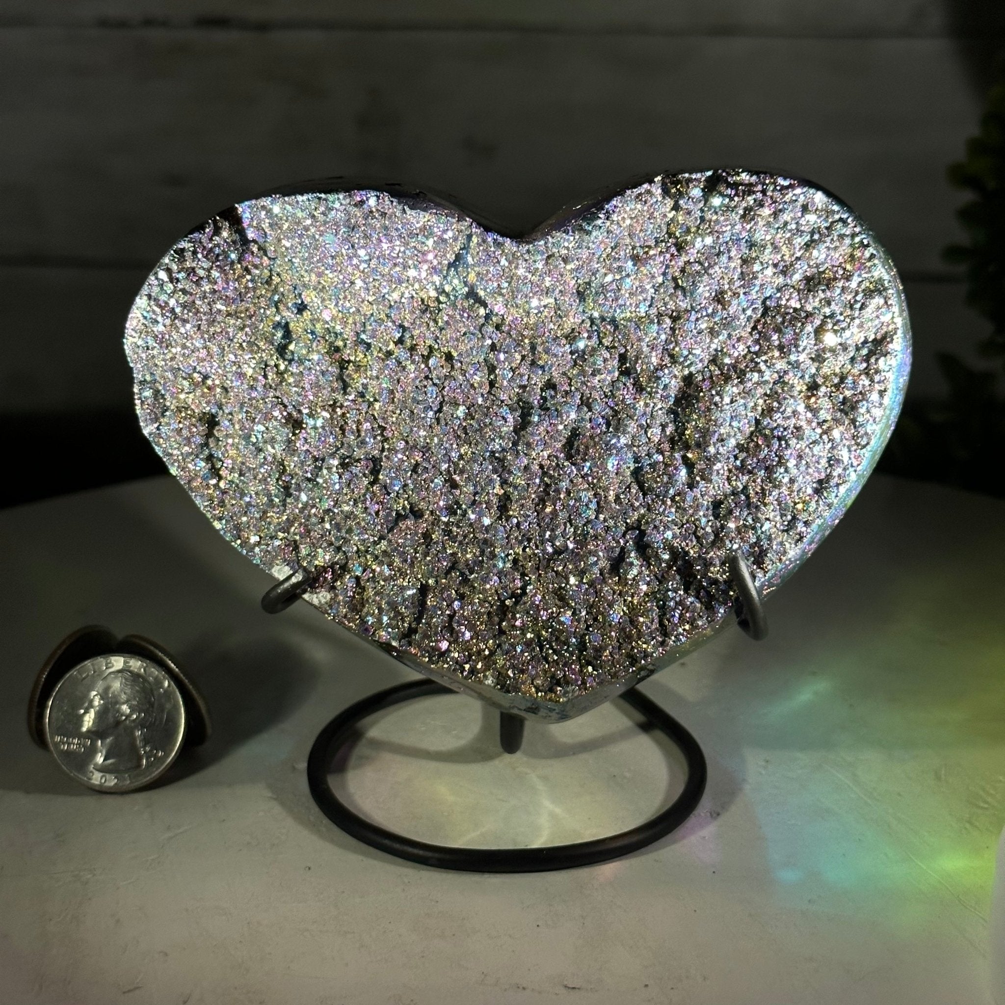 Rainbow Aura Amethyst Heart on a Metal Stand, 1.2 lbs & 4.25" Tall, Model #5463AU-010 by Brazil Gems - Brazil GemsBrazil GemsRainbow Aura Amethyst Heart on a Metal Stand, 1.2 lbs & 4.25" Tall, Model #5463AU-010 by Brazil GemsHearts5463AU-010