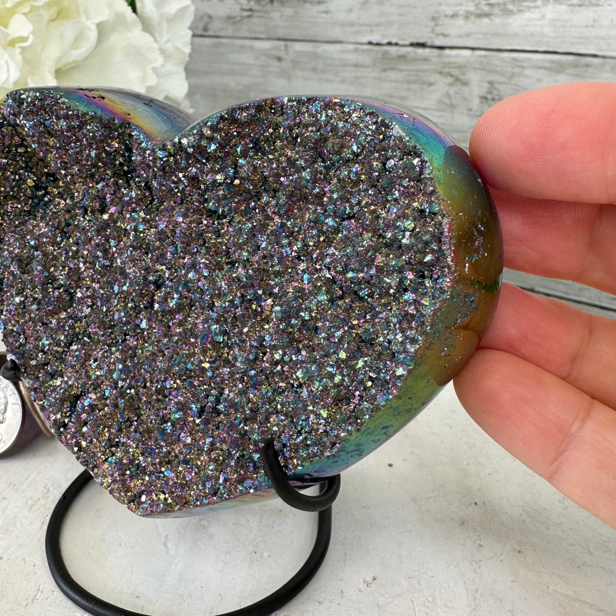 Rainbow Aura Amethyst Heart on a Metal Stand, 1.2 lbs & 4.25" Tall, Model #5463AU-010 by Brazil Gems - Brazil GemsBrazil GemsRainbow Aura Amethyst Heart on a Metal Stand, 1.2 lbs & 4.25" Tall, Model #5463AU-010 by Brazil GemsHearts5463AU-010