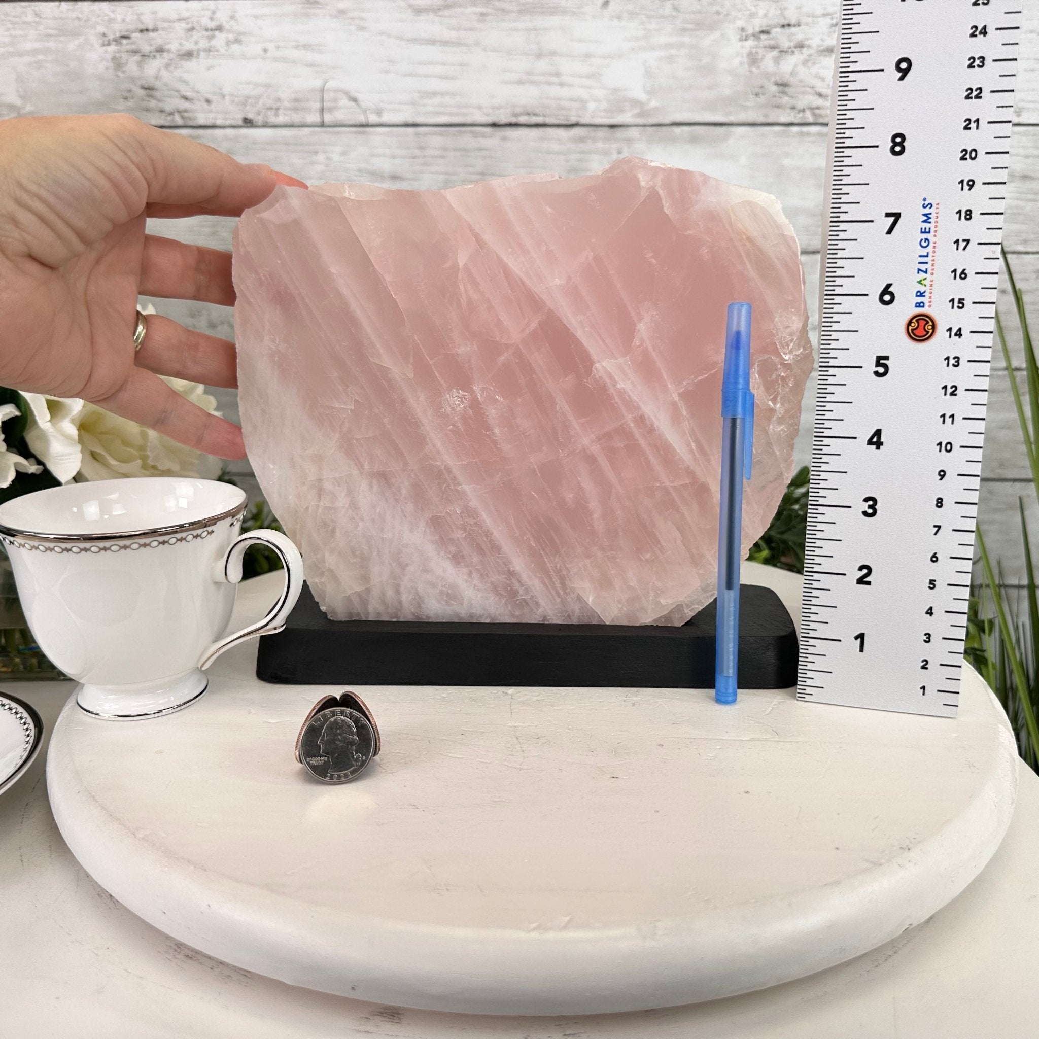 Rose Quartz Polished Slice with Rough Edges on a Wood Base Model 8" Tall Model #6100RQ-049 by Brazil Gems - Brazil GemsBrazil GemsRose Quartz Polished Slice with Rough Edges on a Wood Base Model 8" Tall Model #6100RQ-049 by Brazil GemsSlices on Wood Bases6100RQ-049