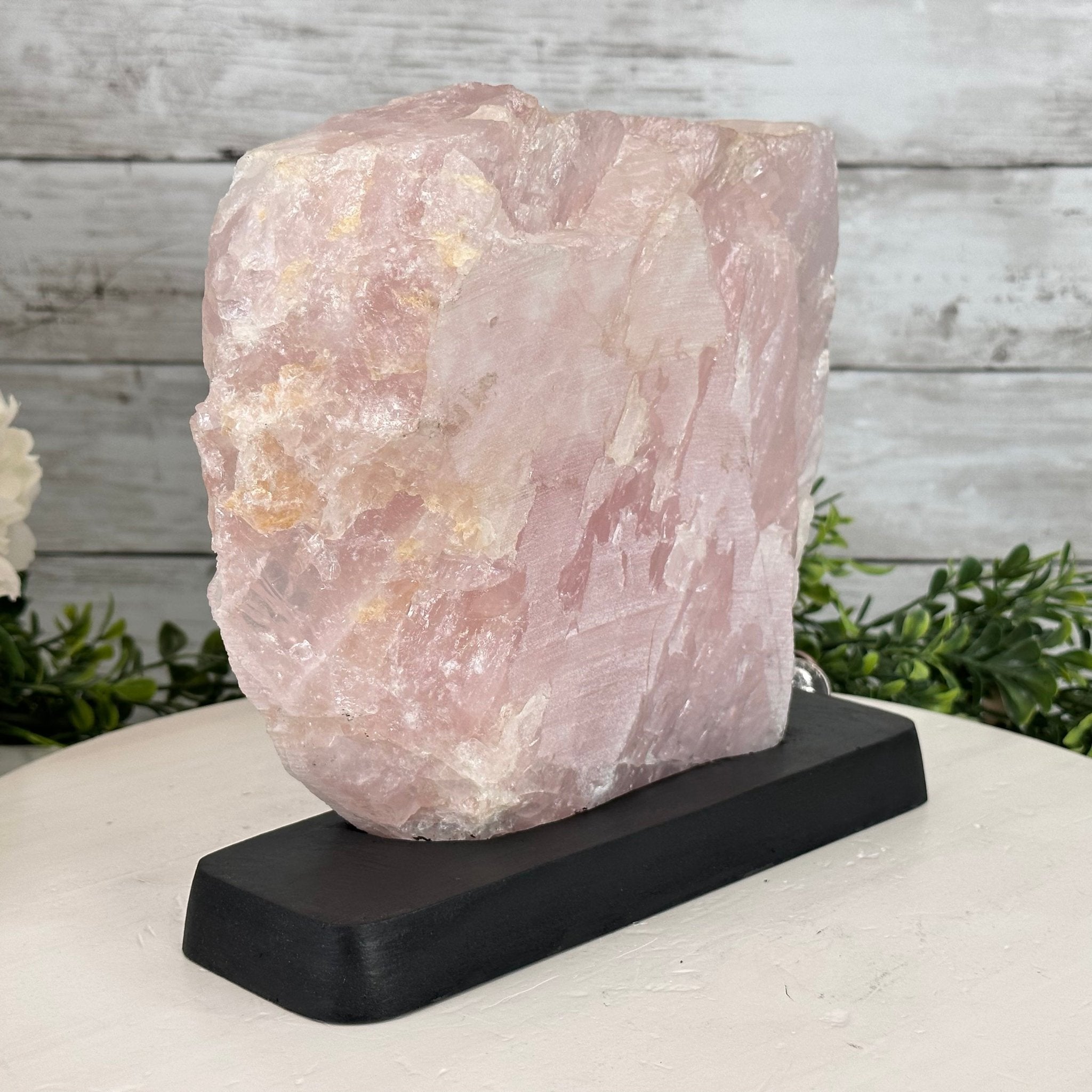 Rose Quartz Polished Slice with Rough Edges on a Wood Base Model 8" Tall Model #6100RQ-049 by Brazil Gems - Brazil GemsBrazil GemsRose Quartz Polished Slice with Rough Edges on a Wood Base Model 8" Tall Model #6100RQ-049 by Brazil GemsSlices on Wood Bases6100RQ-049