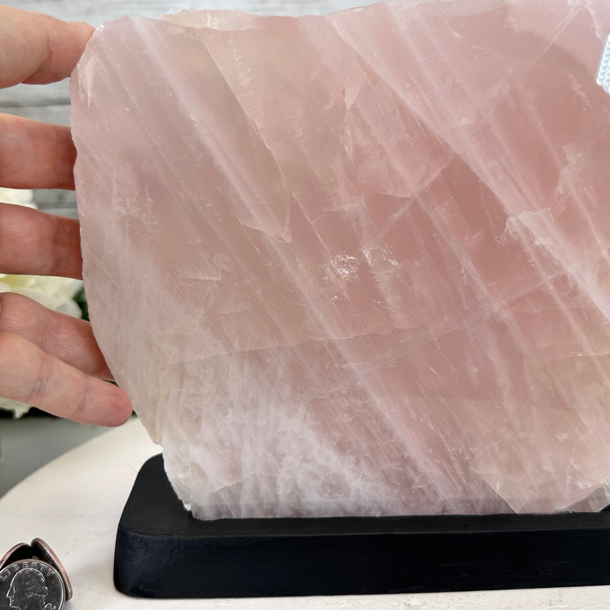 Rose Quartz Polished Slice with Rough Edges on a Wood Base Model 8" Tall Model #6100RQ-049 by Brazil Gems - Brazil GemsBrazil GemsRose Quartz Polished Slice with Rough Edges on a Wood Base Model 8" Tall Model #6100RQ-049 by Brazil GemsSlices on Wood Bases6100RQ-049