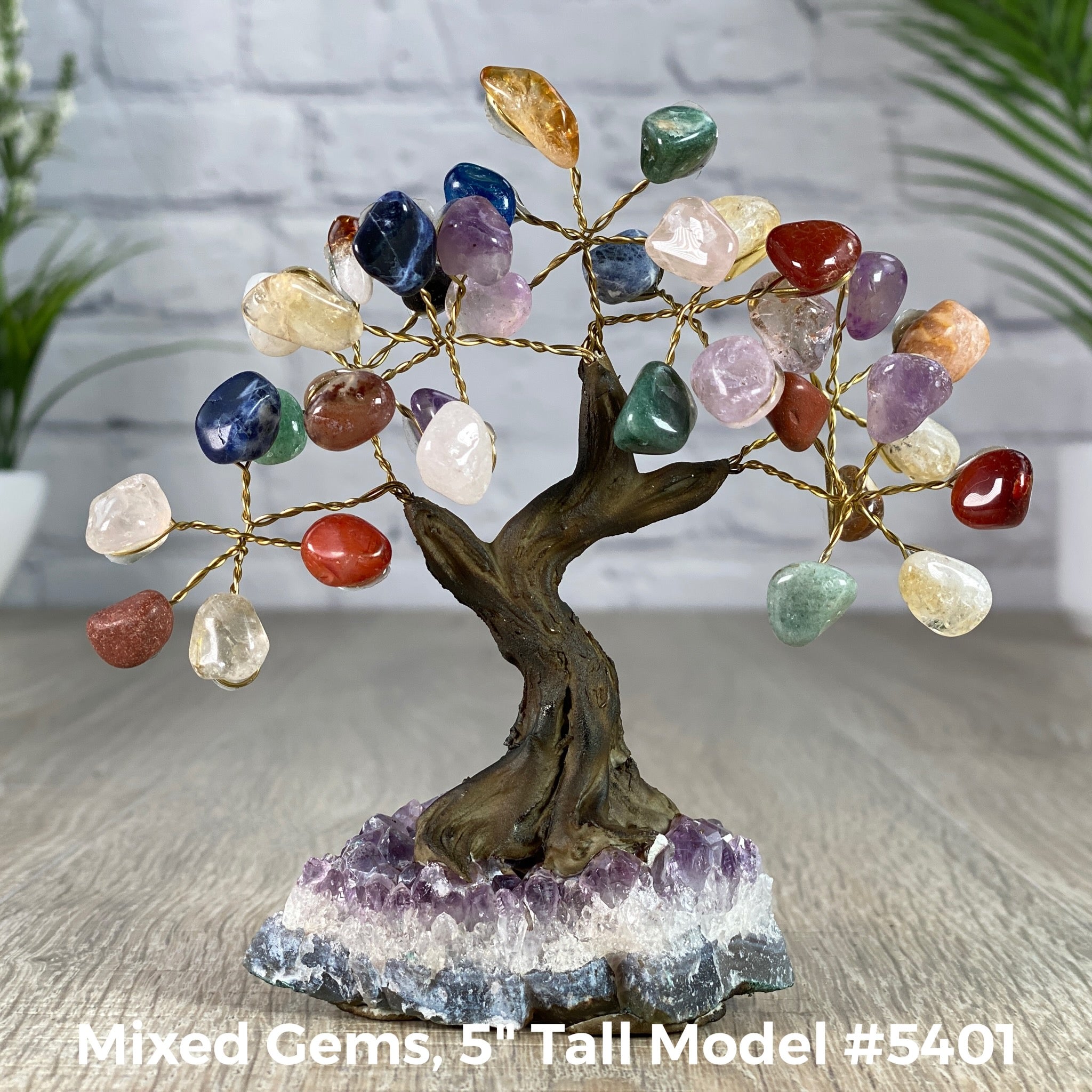 Set of 10 units - 5" Tall Handmade Gemstone Trees on an Amethyst Cluster base, 35 Total Gems, 12 Gem Options, Model #W5401-10 by Brazil Gems - Brazil GemsBrazil GemsSet of 10 units - 5" Tall Handmade Gemstone Trees on an Amethyst Cluster base, 35 Total Gems, 12 Gem Options, Model #W5401-10 by Brazil GemsGemstone Trees-WHW5401-10