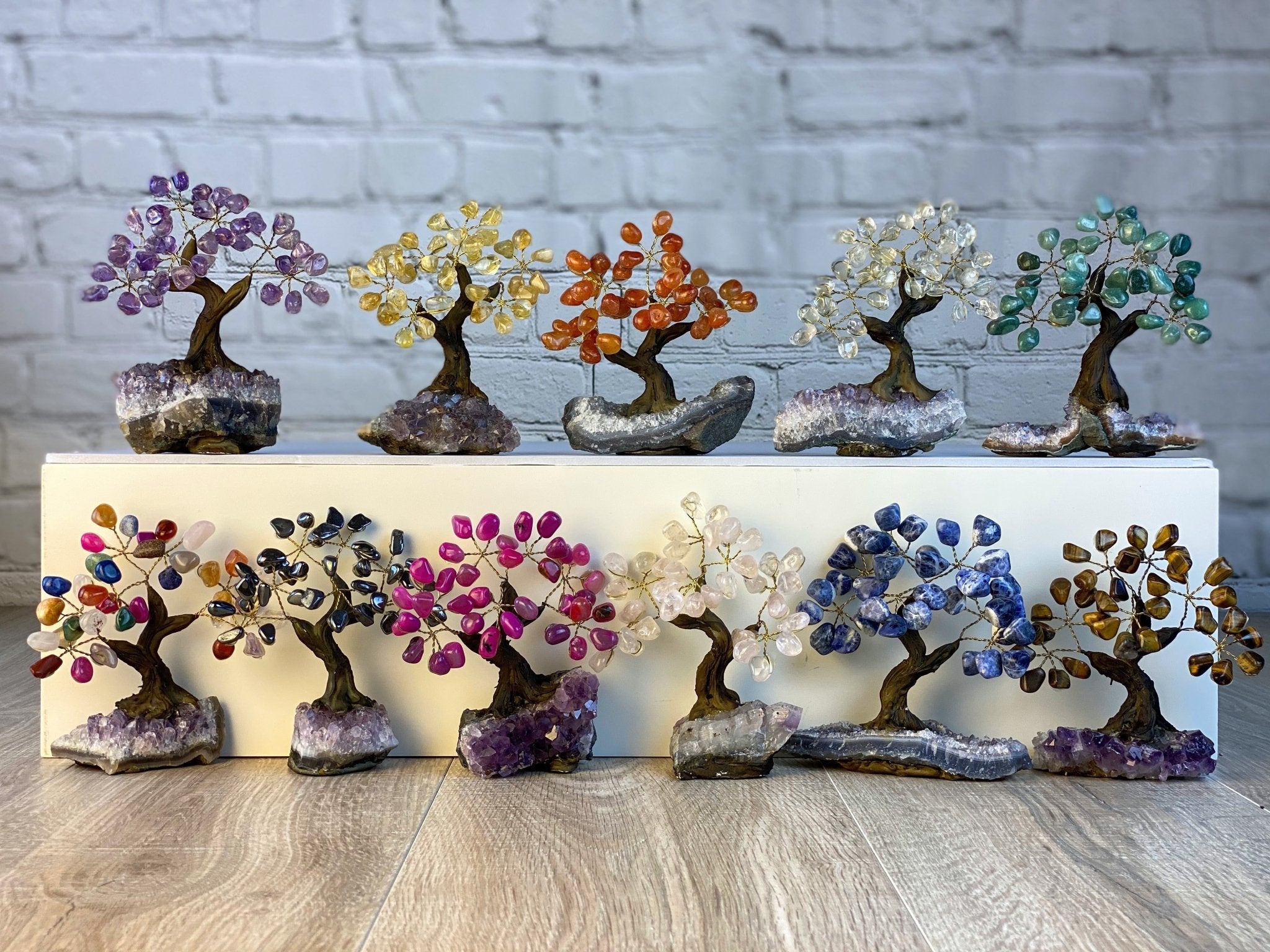 Set of 10 units - 5" Tall Handmade Gemstone Trees on an Amethyst Cluster base, 35 Total Gems, 12 Gem Options, Model #W5401-10 by Brazil Gems - Brazil GemsBrazil GemsSet of 10 units - 5" Tall Handmade Gemstone Trees on an Amethyst Cluster base, 35 Total Gems, 12 Gem Options, Model #W5401-10 by Brazil GemsGemstone Trees-WHW5401-10
