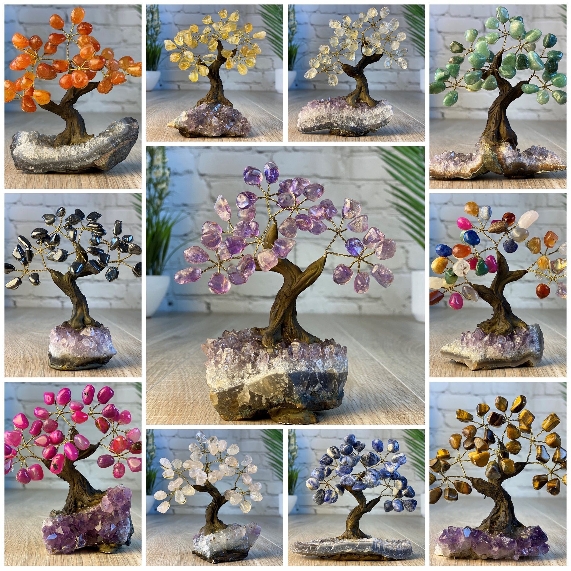 Set of 10 units - 5" Tall Handmade Gemstone Trees on an Amethyst Cluster base, 35 Total Gems, 12 Gem Options, Model #W5401-10 by Brazil Gems - Brazil GemsBrazil GemsSet of 10 units - 5" Tall Handmade Gemstone Trees on an Amethyst Cluster base, 35 Total Gems, 12 Gem Options, Model #W5401-10 by Brazil GemsGemstone Trees-WHW5401-10