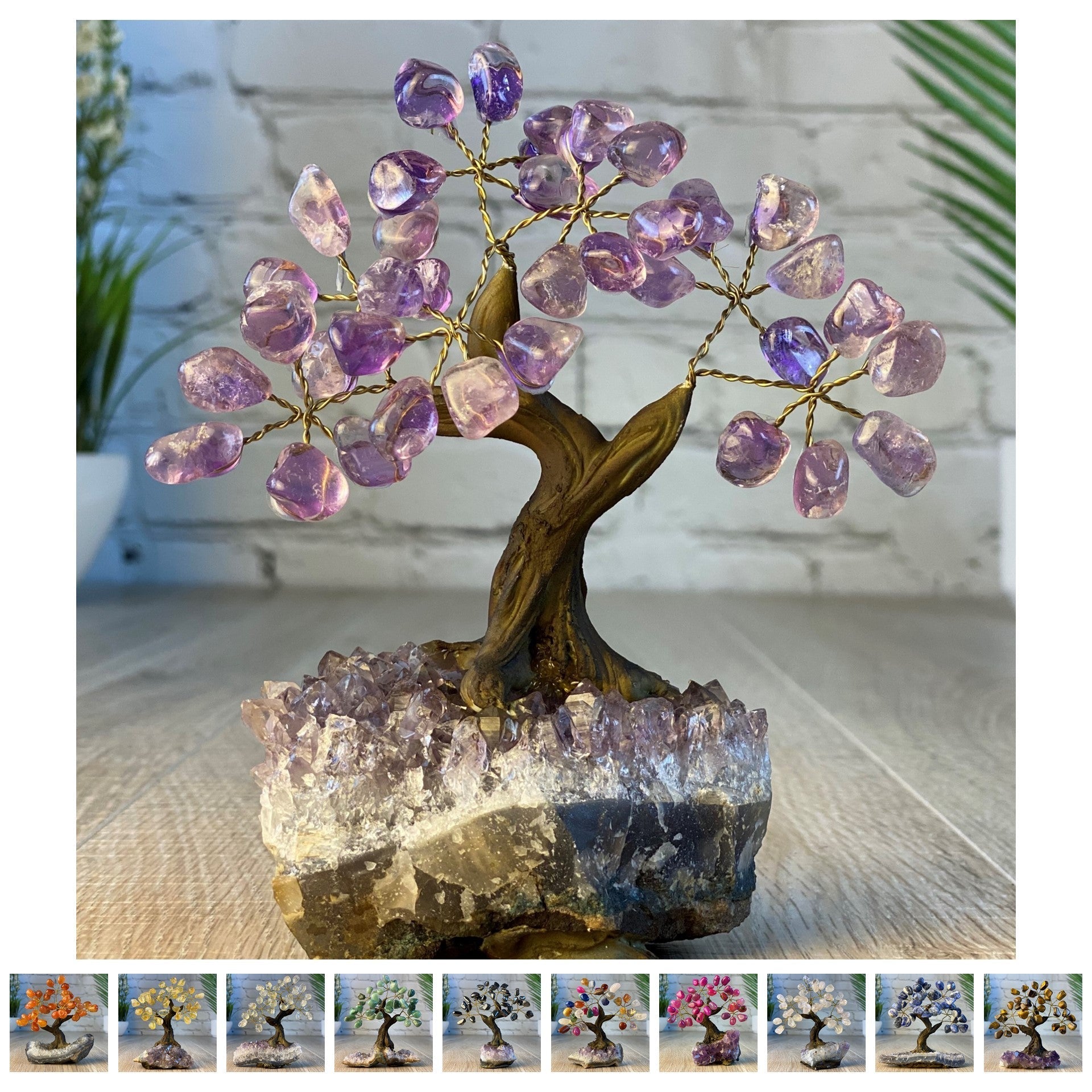 Set of 10 units - 5" Tall Handmade Gemstone Trees on an Amethyst Cluster base, 35 Total Gems, 12 Gem Options, Model #W5401-10 by Brazil Gems - Brazil GemsBrazil GemsSet of 10 units - 5" Tall Handmade Gemstone Trees on an Amethyst Cluster base, 35 Total Gems, 12 Gem Options, Model #W5401-10 by Brazil GemsGemstone Trees-WHW5401-10