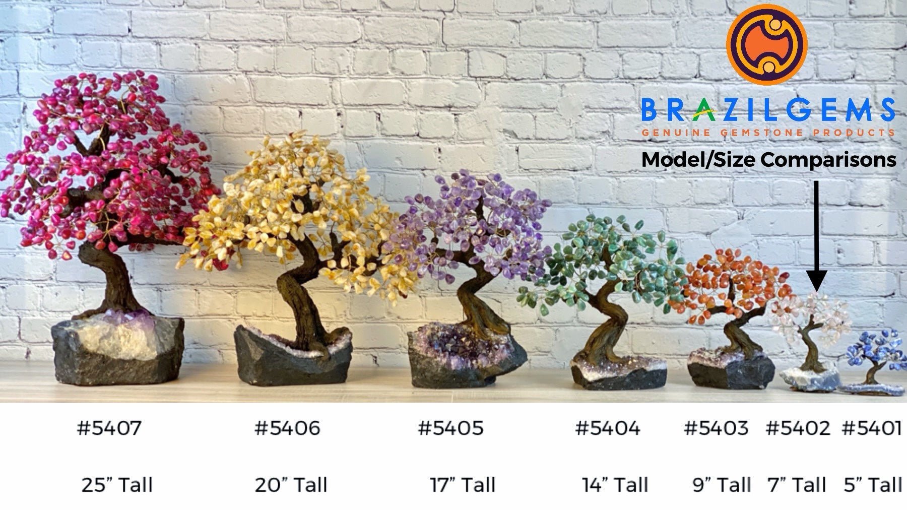 Set of 10 units - 7" Tall Handmade Gemstone Tree on an Amethyst Cluster base, 60 Total Gems, 12 Gem Options, Model #W5402-10 by Brazil Gems - Brazil GemsBrazil GemsSet of 10 units - 7" Tall Handmade Gemstone Tree on an Amethyst Cluster base, 60 Total Gems, 12 Gem Options, Model #W5402-10 by Brazil GemsGemstone Trees-WHW5402-10