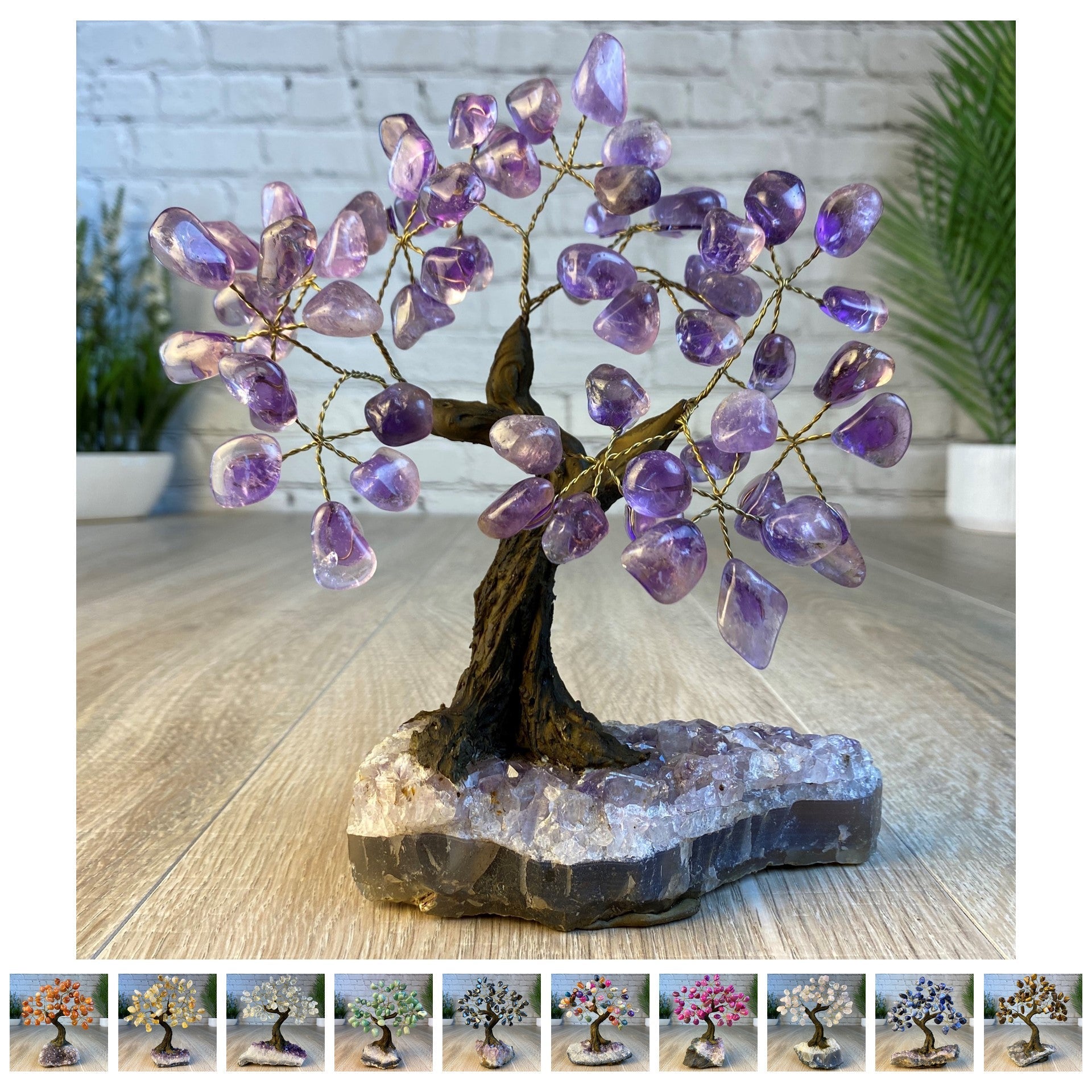 Set of 10 units - 7" Tall Handmade Gemstone Tree on an Amethyst Cluster base, 60 Total Gems, 12 Gem Options, Model #W5402-10 by Brazil Gems - Brazil GemsBrazil GemsSet of 10 units - 7" Tall Handmade Gemstone Tree on an Amethyst Cluster base, 60 Total Gems, 12 Gem Options, Model #W5402-10 by Brazil GemsGemstone Trees-WHW5402-10