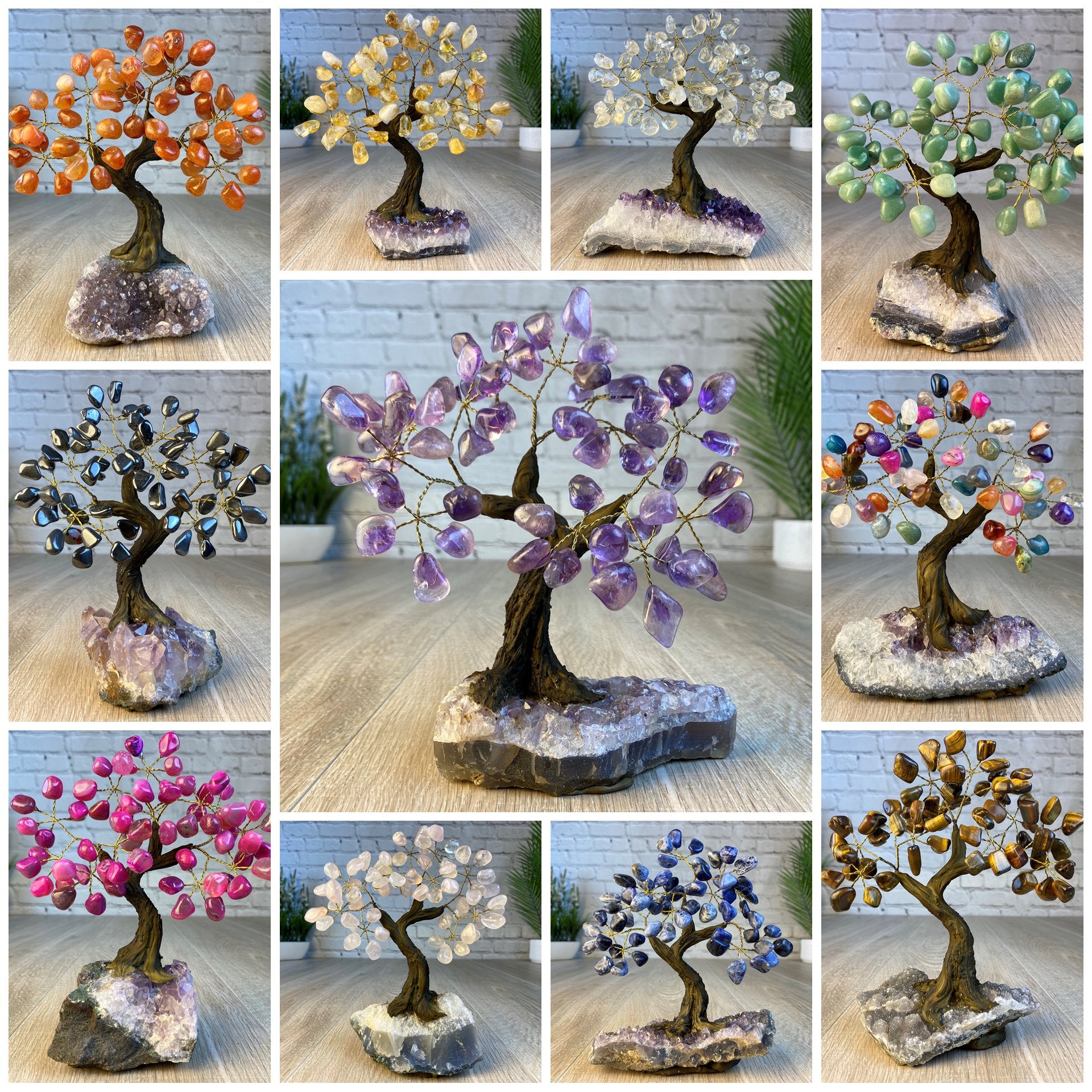 Set of 10 units - 7" Tall Handmade Gemstone Tree on an Amethyst Cluster base, 60 Total Gems, 12 Gem Options, Model #W5402-10 by Brazil Gems - Brazil GemsBrazil GemsSet of 10 units - 7" Tall Handmade Gemstone Tree on an Amethyst Cluster base, 60 Total Gems, 12 Gem Options, Model #W5402-10 by Brazil GemsGemstone Trees-WHW5402-10