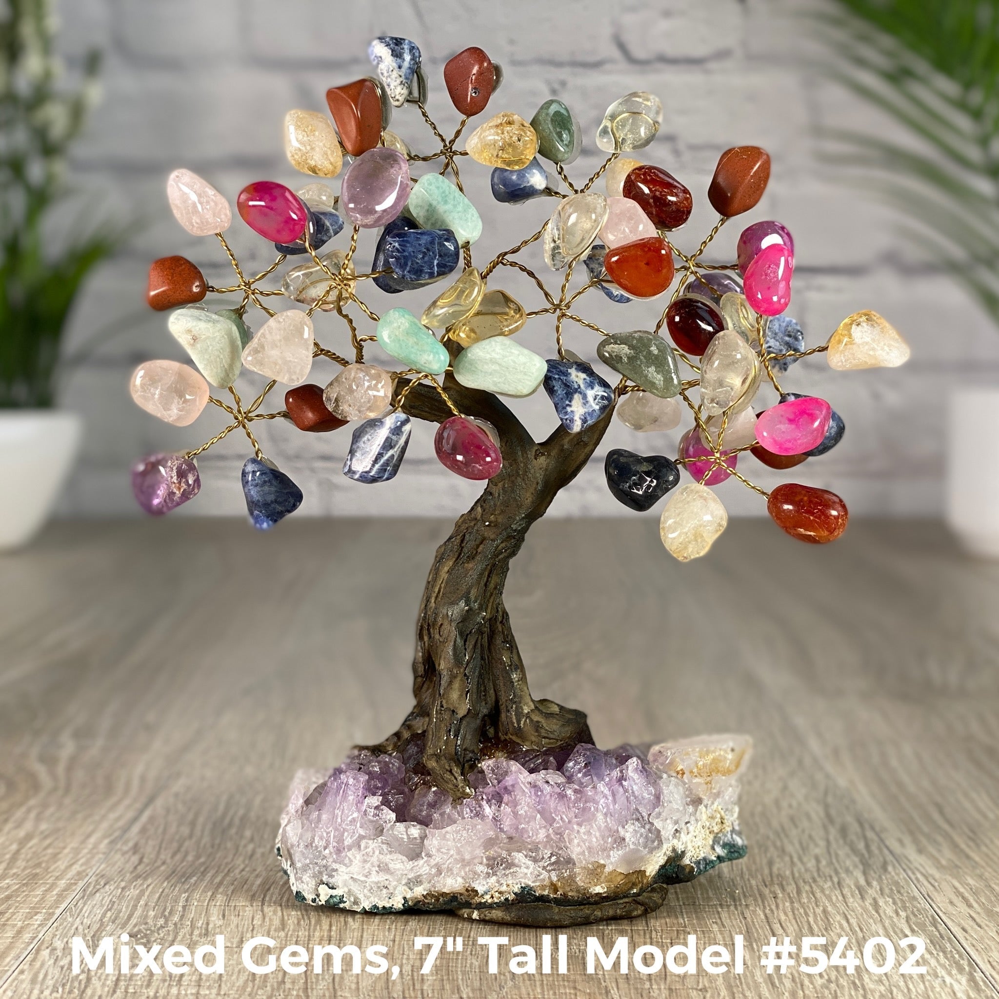 Set of 10 units - 7" Tall Handmade Gemstone Tree on an Amethyst Cluster base, 60 Total Gems, 12 Gem Options, Model #W5402-10 by Brazil Gems - Brazil GemsBrazil GemsSet of 10 units - 7" Tall Handmade Gemstone Tree on an Amethyst Cluster base, 60 Total Gems, 12 Gem Options, Model #W5402-10 by Brazil GemsGemstone Trees-WHW5402-10