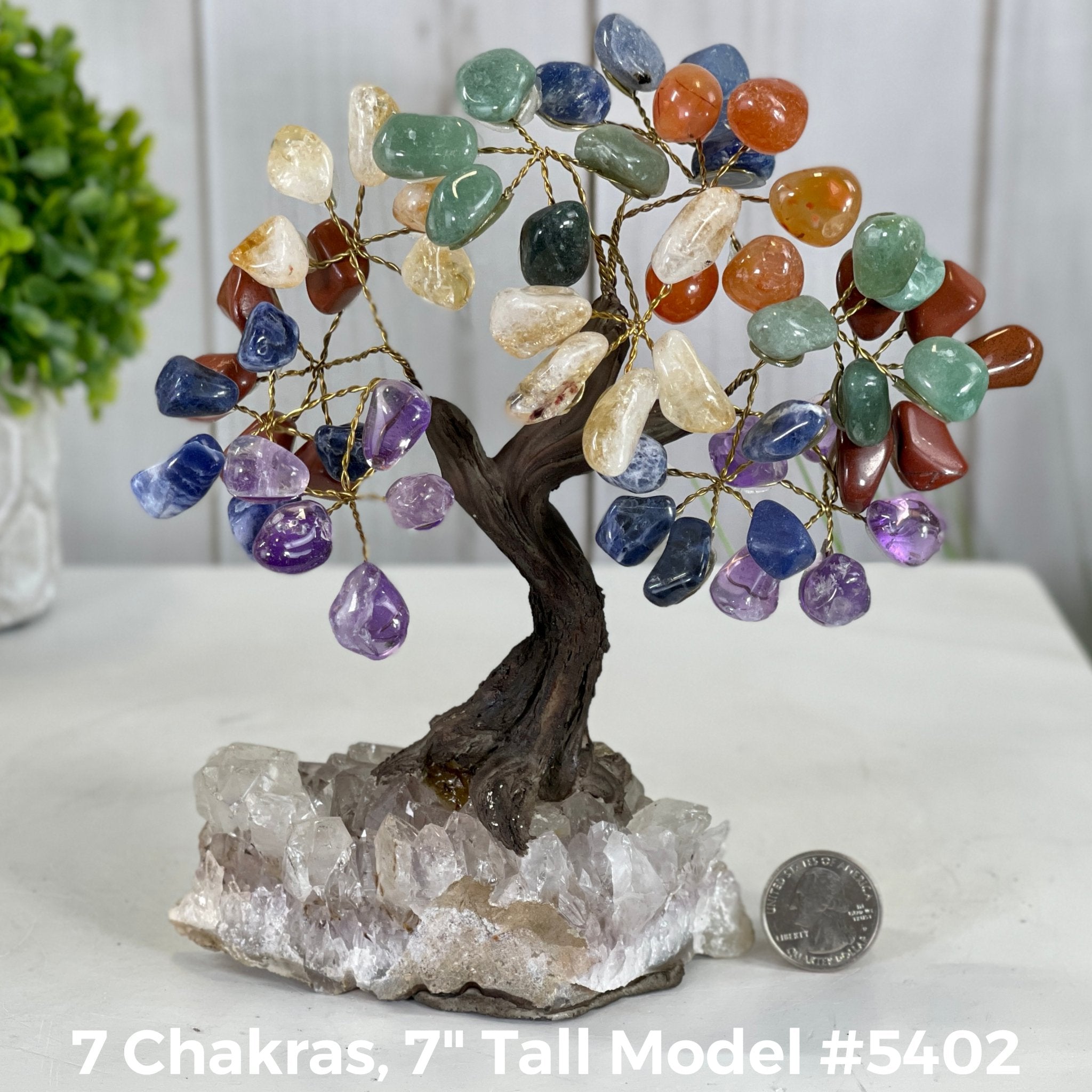 Set of 10 units - 7" Tall Handmade Gemstone Tree on an Amethyst Cluster base, 60 Total Gems, 12 Gem Options, Model #W5402-10 by Brazil Gems - Brazil GemsBrazil GemsSet of 10 units - 7" Tall Handmade Gemstone Tree on an Amethyst Cluster base, 60 Total Gems, 12 Gem Options, Model #W5402-10 by Brazil GemsGemstone Trees-WHW5402-10