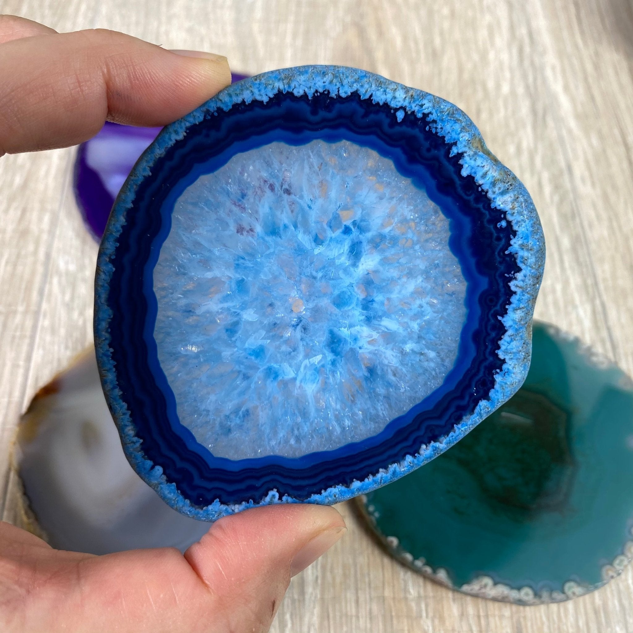 Set of 4 Agate Coasters in Natural, Pink, Green & Blue Dyed color mix, 3.5" to 4.5" each, 4 piece-set Model #5203PINK - Brazil GemsBrazil GemsSet of 4 Agate Coasters in Natural, Pink, Green & Blue Dyed color mix, 3.5" to 4.5" each, 4 piece-set Model #5203PINKCoaster Sets5203PINK