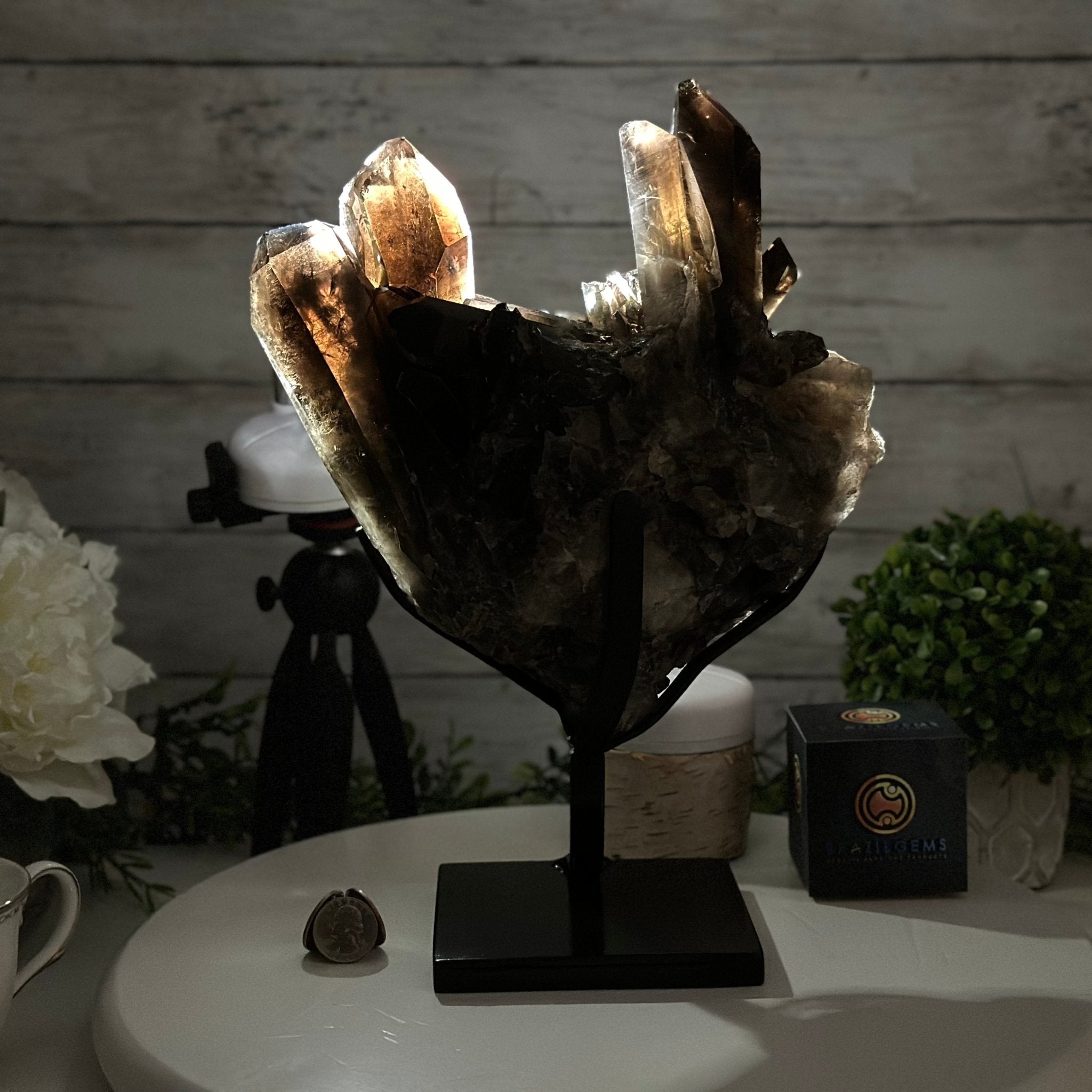 Smoky Quartz Cluster on a Metal Stand, 11.7 lbs & 12.5" Tall #5700-0014 - Brazil GemsBrazil GemsSmoky Quartz Cluster on a Metal Stand, 11.7 lbs & 12.5" Tall #5700-0014Clusters on Fixed Bases5700-0014