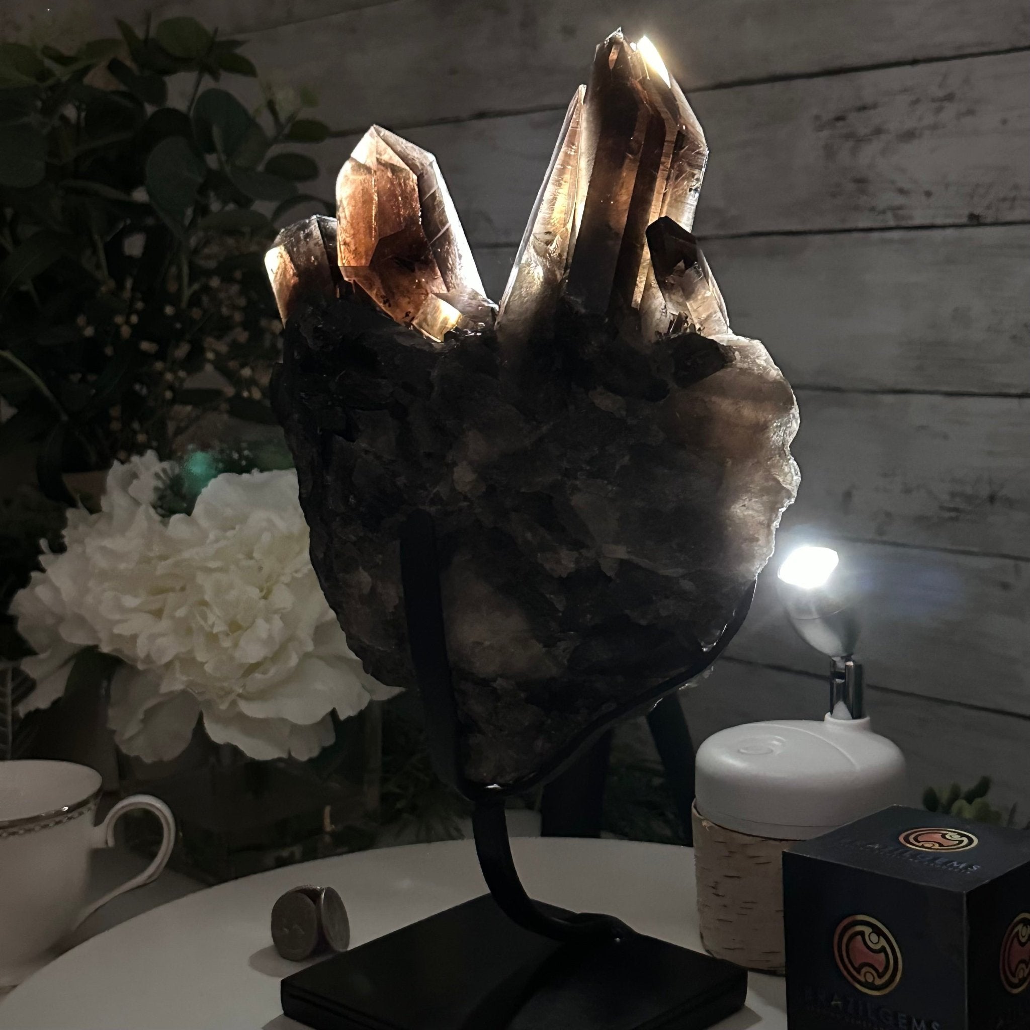 Smoky Quartz Cluster on a Metal Stand, 11.7 lbs & 12.5" Tall #5700-0014 - Brazil GemsBrazil GemsSmoky Quartz Cluster on a Metal Stand, 11.7 lbs & 12.5" Tall #5700-0014Clusters on Fixed Bases5700-0014