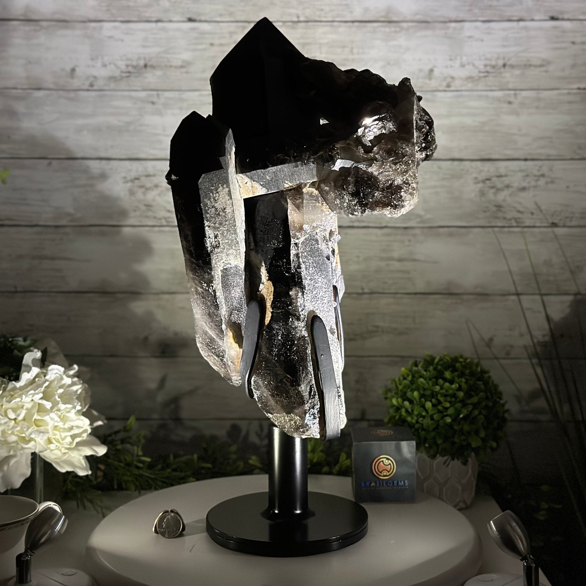 Smoky Quartz on a Rotating Stand, 26.2 lbs & 19.1" Tall #5701-0002 - Brazil GemsBrazil GemsSmoky Quartz on a Rotating Stand, 26.2 lbs & 19.1" Tall #5701-0002Clusters on Rotating Bases5701-0002