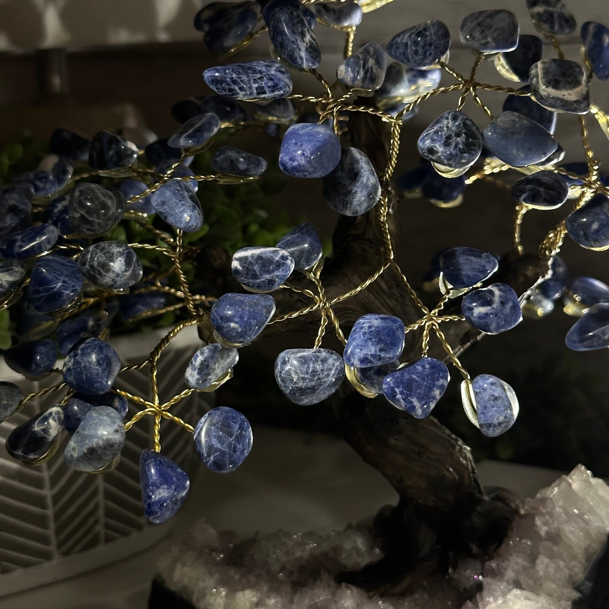 Sodalite 9" Tall Handmade Gemstone Tree on a Crystal base, 120 Gems #5403SODA - Brazil GemsBrazil GemsSodalite 9" Tall Handmade Gemstone Tree on a Crystal base, 120 Gems #5403SODAGemstone Trees5403SODA