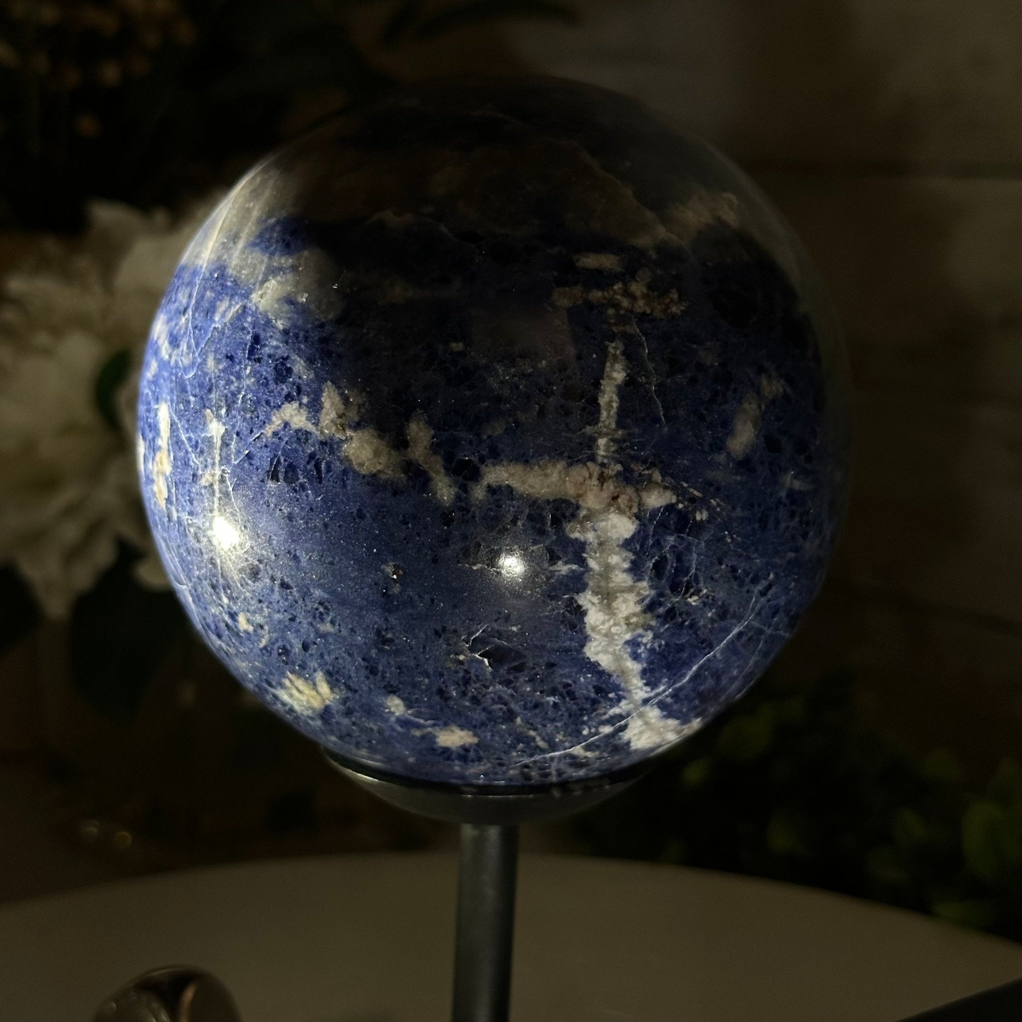 Sodalite Quartz Sphere on a Metal Stand, 3.7 lbs & 7.6" Tall #5633 - 0012 - Brazil GemsBrazil GemsSodalite Quartz Sphere on a Metal Stand, 3.7 lbs & 7.6" Tall #5633 - 0012Spheres5633 - 0012