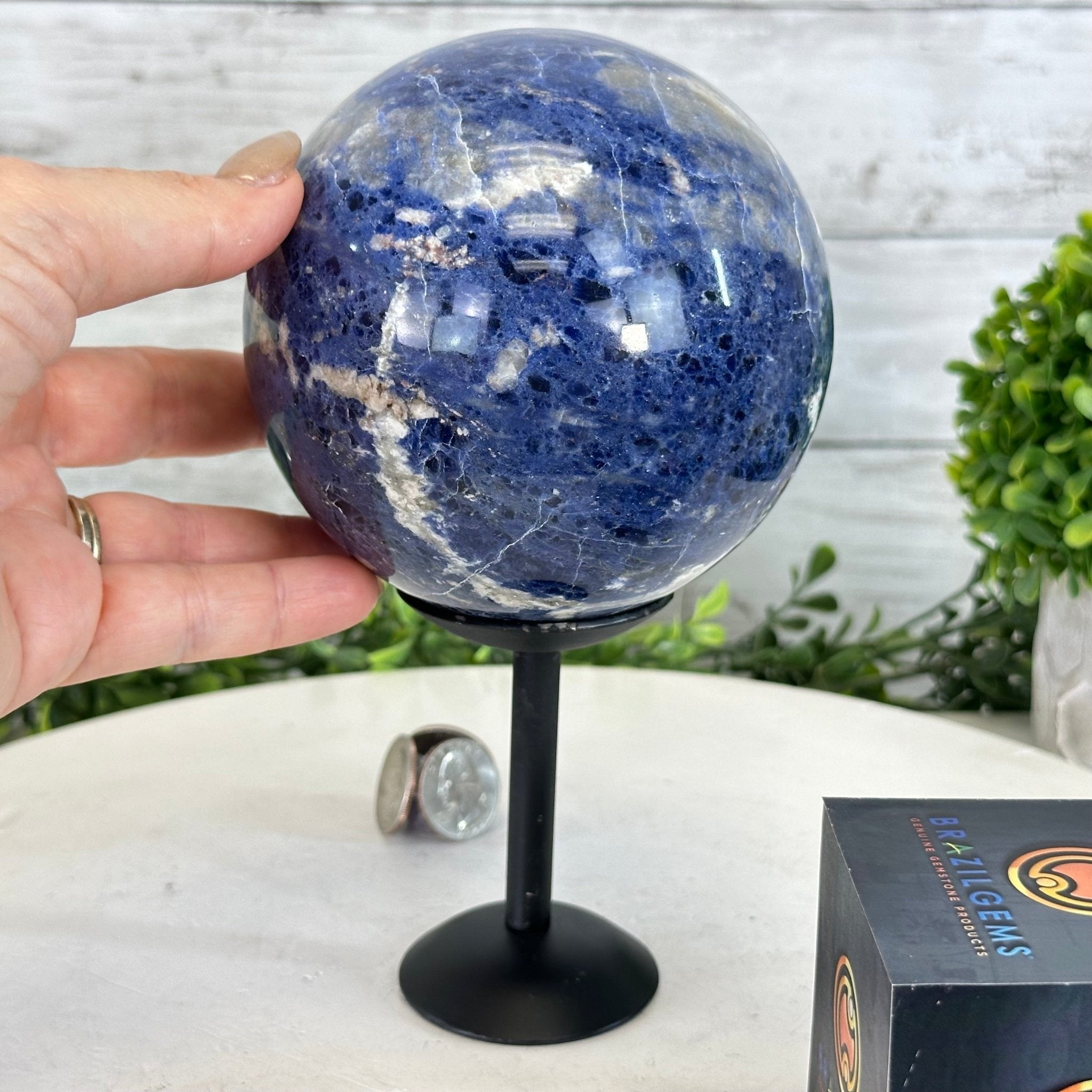 Sodalite Quartz Sphere on a Metal Stand, 3.7 lbs & 7.6" Tall #5633 - 0012 - Brazil GemsBrazil GemsSodalite Quartz Sphere on a Metal Stand, 3.7 lbs & 7.6" Tall #5633 - 0012Spheres5633 - 0012