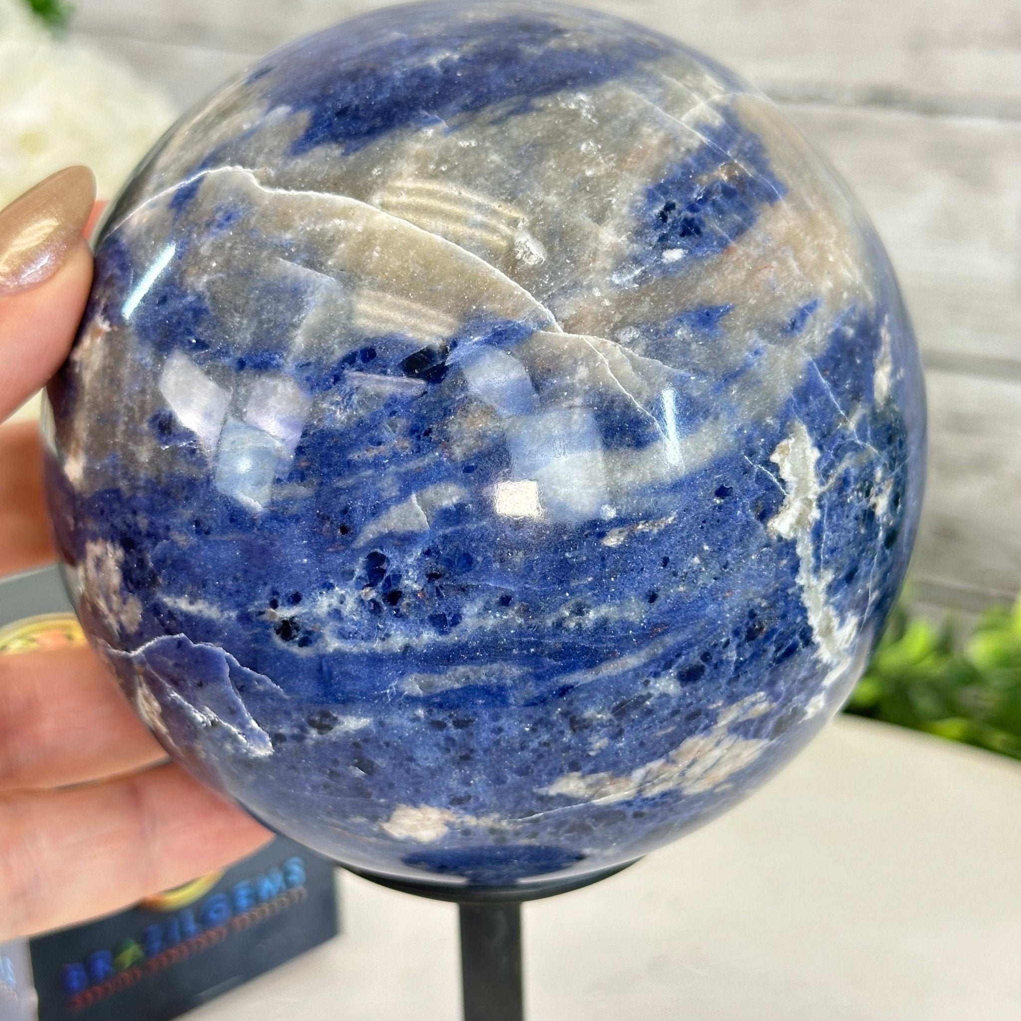 Sodalite Quartz Sphere on a Metal Stand, 3.7 lbs & 7.6" Tall #5633 - 0012 - Brazil GemsBrazil GemsSodalite Quartz Sphere on a Metal Stand, 3.7 lbs & 7.6" Tall #5633 - 0012Spheres5633 - 0012