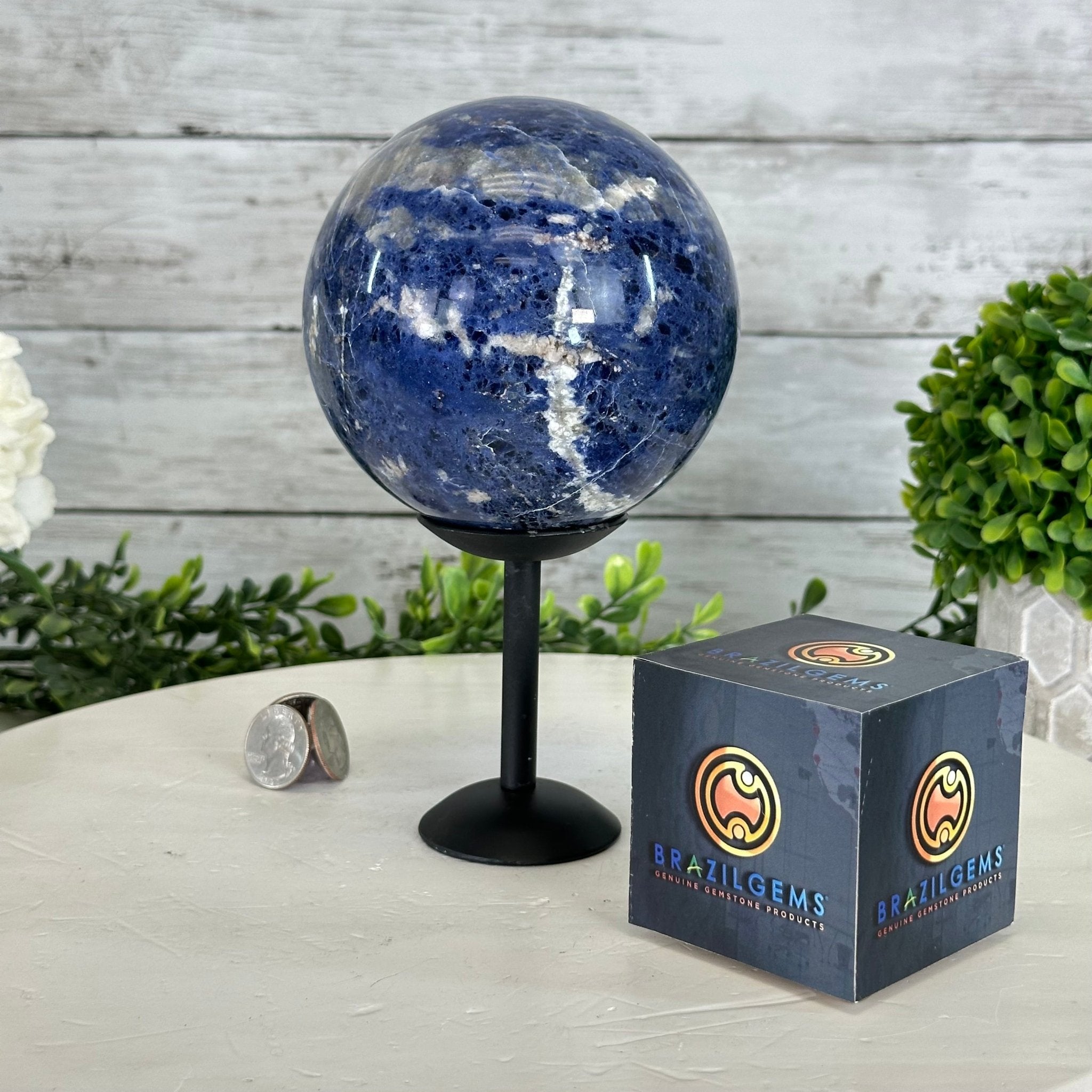 Sodalite Quartz Sphere on a Metal Stand, 3.7 lbs & 7.6" Tall #5633 - 0012 - Brazil GemsBrazil GemsSodalite Quartz Sphere on a Metal Stand, 3.7 lbs & 7.6" Tall #5633 - 0012Spheres5633 - 0012