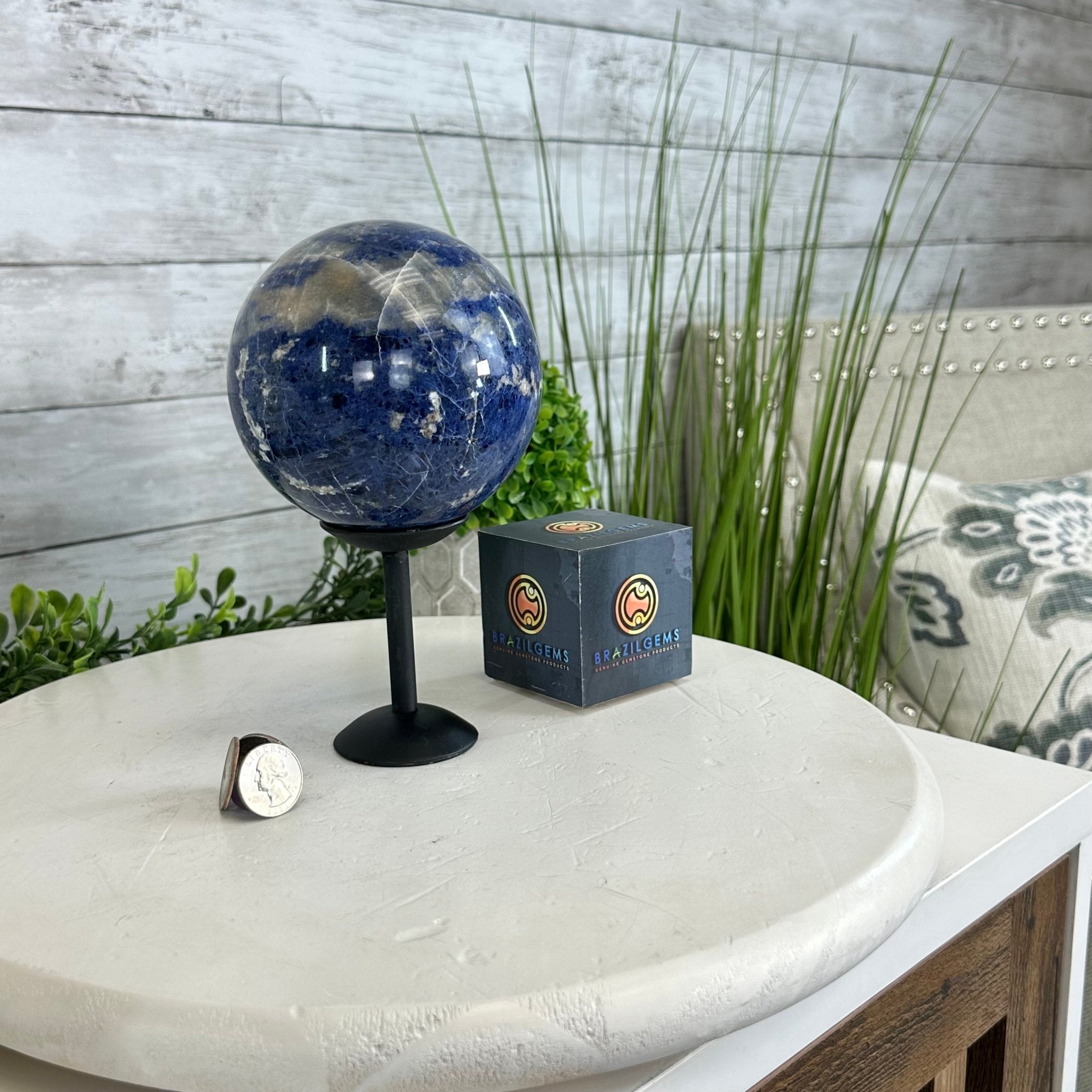 Sodalite Quartz Sphere on a Metal Stand, 3.7 lbs & 7.6" Tall #5633 - 0012 - Brazil GemsBrazil GemsSodalite Quartz Sphere on a Metal Stand, 3.7 lbs & 7.6" Tall #5633 - 0012Spheres5633 - 0012