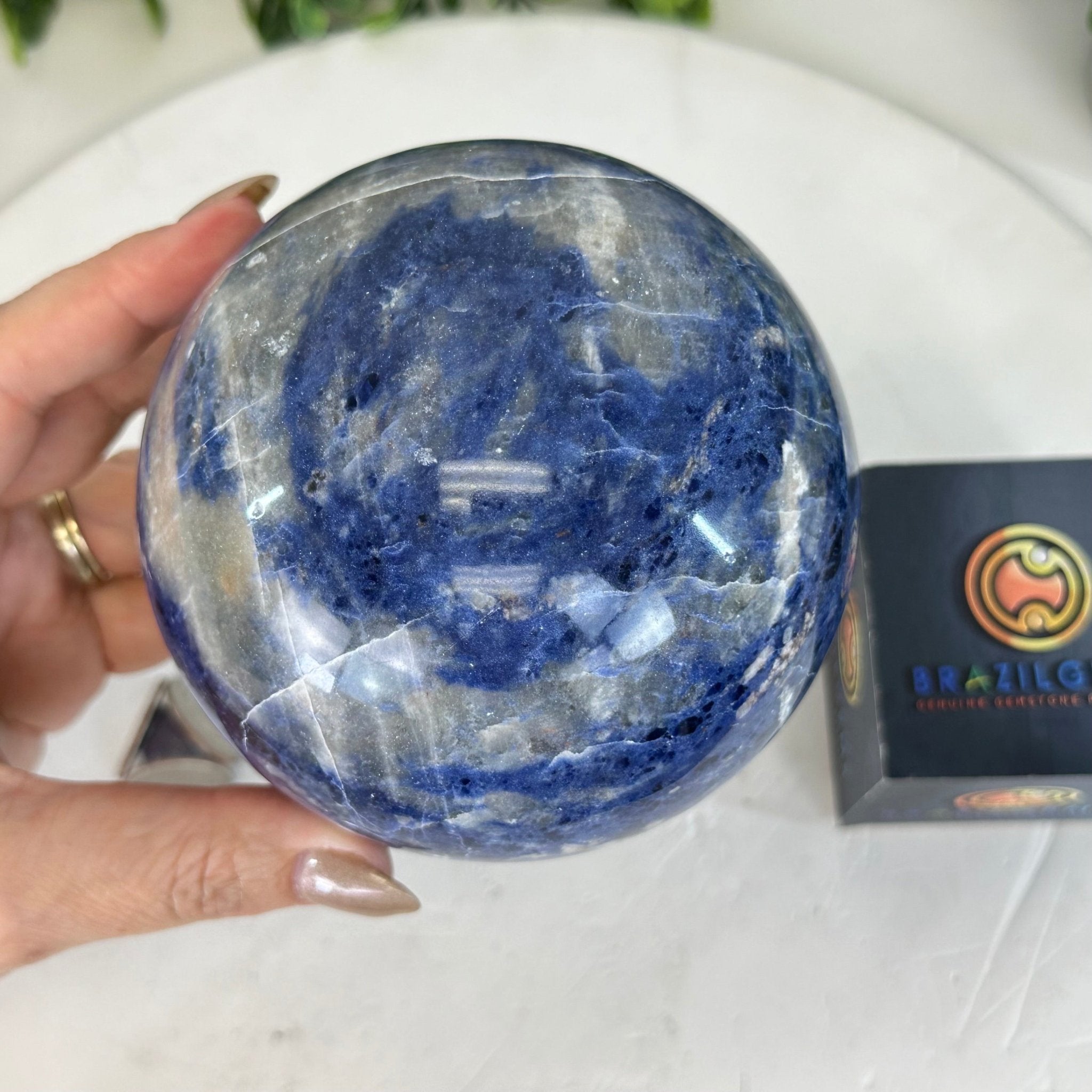 Sodalite Quartz Sphere on a Metal Stand, 3.7 lbs & 7.6" Tall #5633 - 0012 - Brazil GemsBrazil GemsSodalite Quartz Sphere on a Metal Stand, 3.7 lbs & 7.6" Tall #5633 - 0012Spheres5633 - 0012
