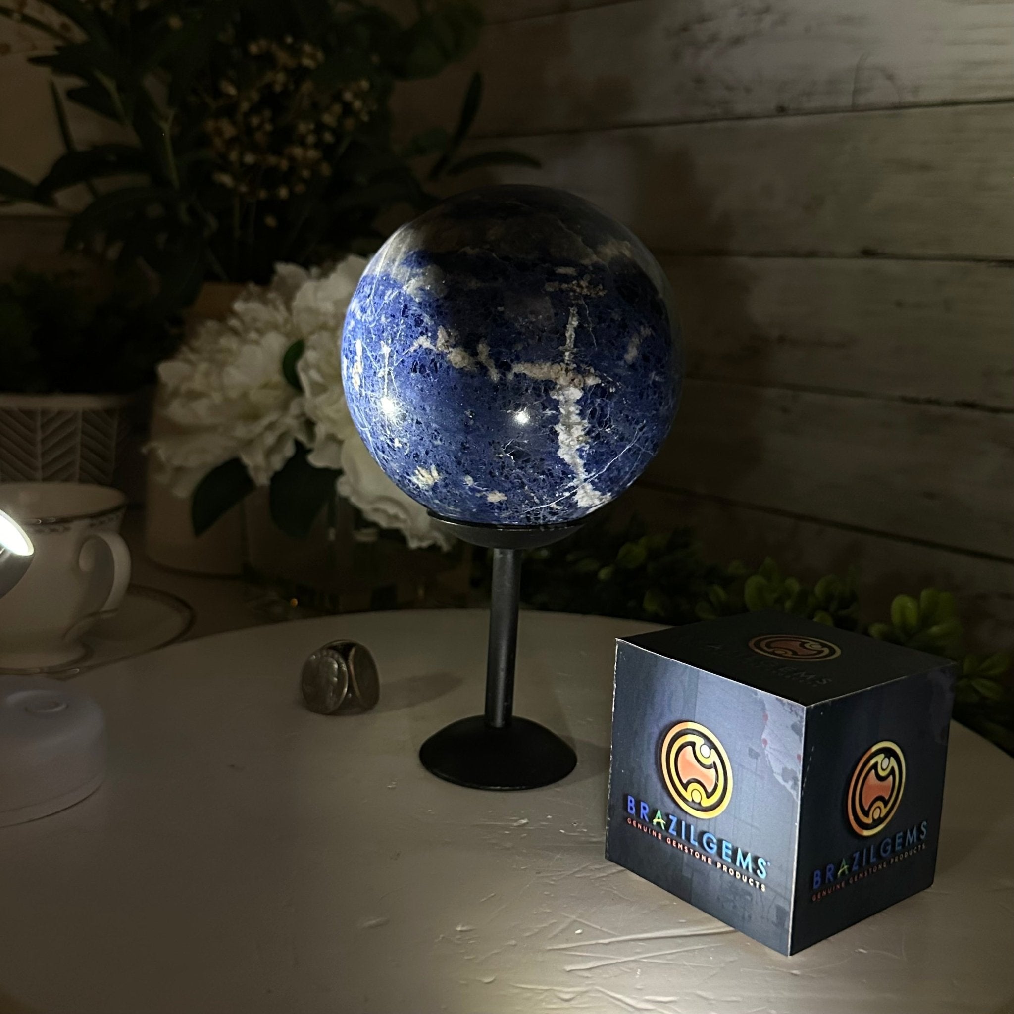 Sodalite Quartz Sphere on a Metal Stand, 3.7 lbs & 7.6" Tall #5633 - 0012 - Brazil GemsBrazil GemsSodalite Quartz Sphere on a Metal Stand, 3.7 lbs & 7.6" Tall #5633 - 0012Spheres5633 - 0012