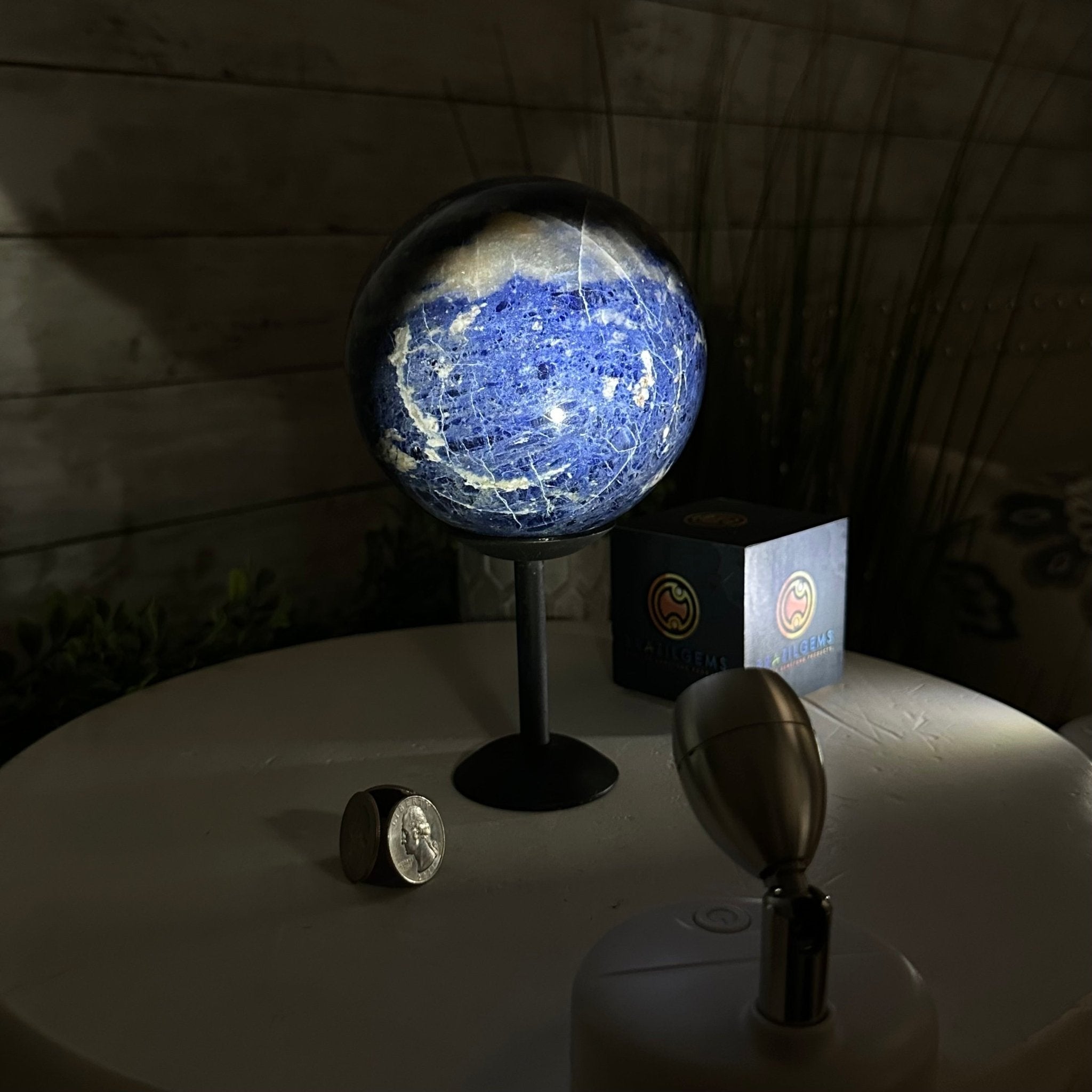 Sodalite Quartz Sphere on a Metal Stand, 3.7 lbs & 7.6" Tall #5633 - 0012 - Brazil GemsBrazil GemsSodalite Quartz Sphere on a Metal Stand, 3.7 lbs & 7.6" Tall #5633 - 0012Spheres5633 - 0012