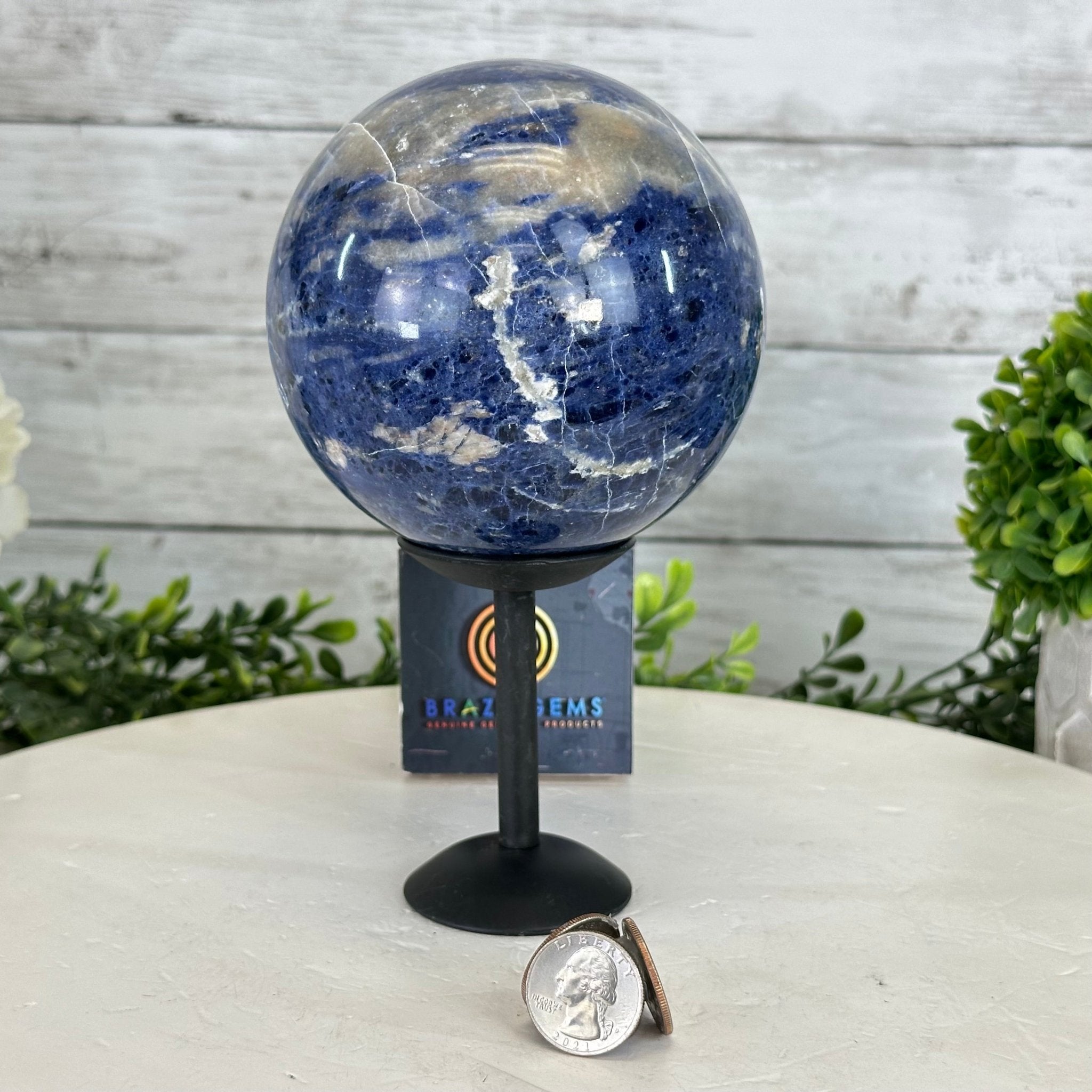 Sodalite Quartz Sphere on a Metal Stand, 3.7 lbs & 7.6" Tall #5633 - 0012 - Brazil GemsBrazil GemsSodalite Quartz Sphere on a Metal Stand, 3.7 lbs & 7.6" Tall #5633 - 0012Spheres5633 - 0012