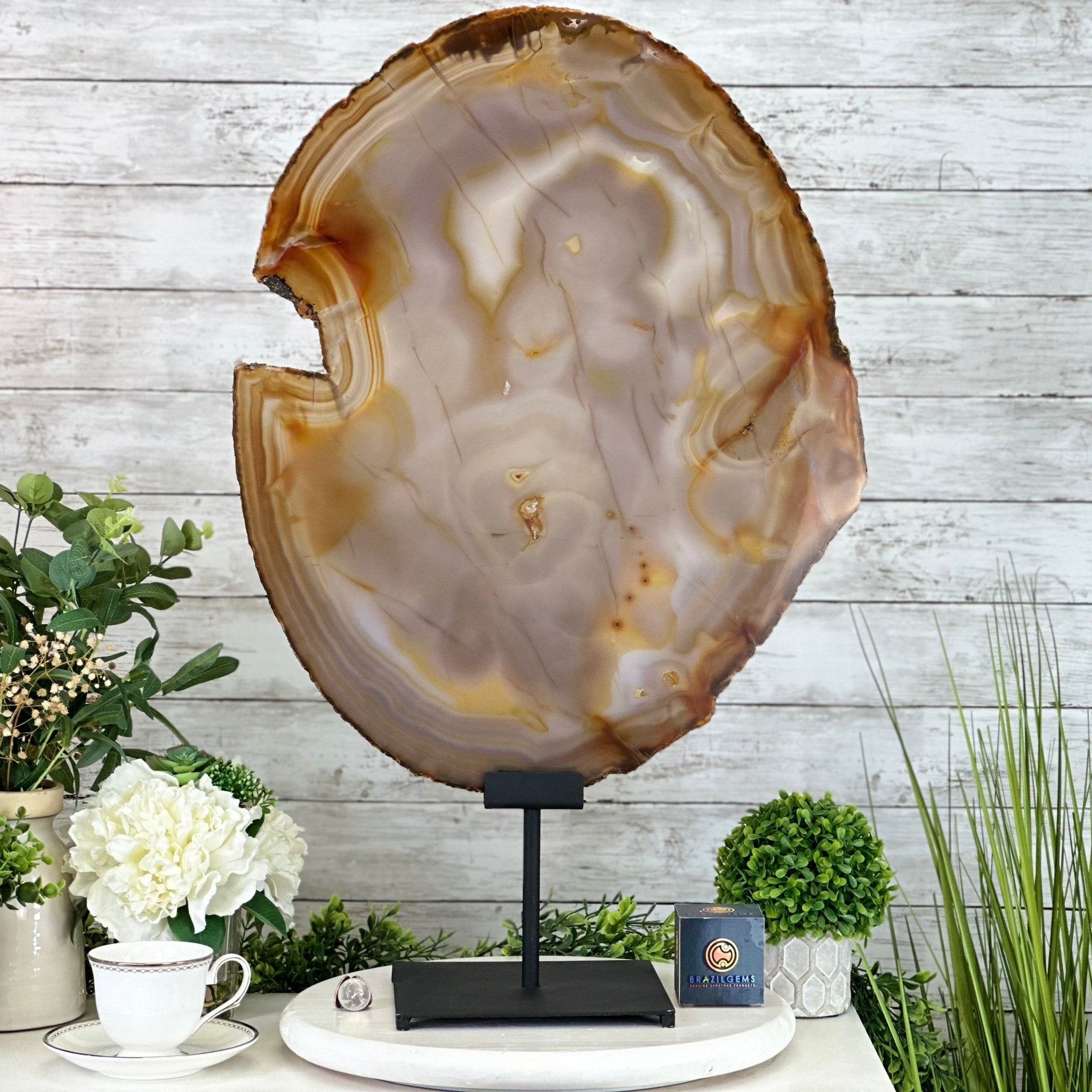Special Large Natural Brazilian Agate Slice on a Metal Stand, 29.1" Tall #5056-0043 - Brazil GemsBrazil GemsSpecial Large Natural Brazilian Agate Slice on a Metal Stand, 29.1" Tall #5056-0043Slices on Fixed Bases5056-0043
