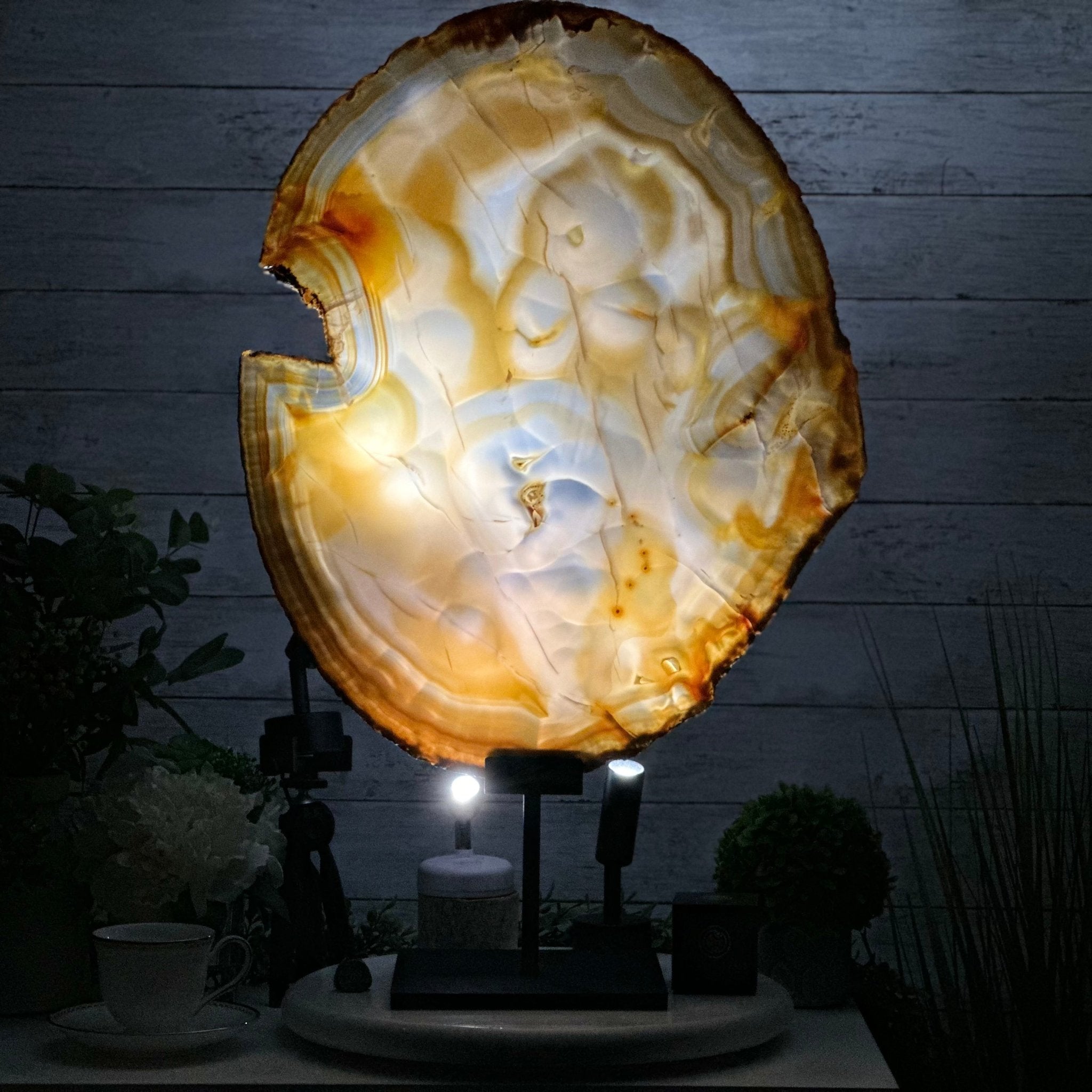 Special Large Natural Brazilian Agate Slice on a Metal Stand, 29.1" Tall #5056-0043 - Brazil GemsBrazil GemsSpecial Large Natural Brazilian Agate Slice on a Metal Stand, 29.1" Tall #5056-0043Slices on Fixed Bases5056-0043