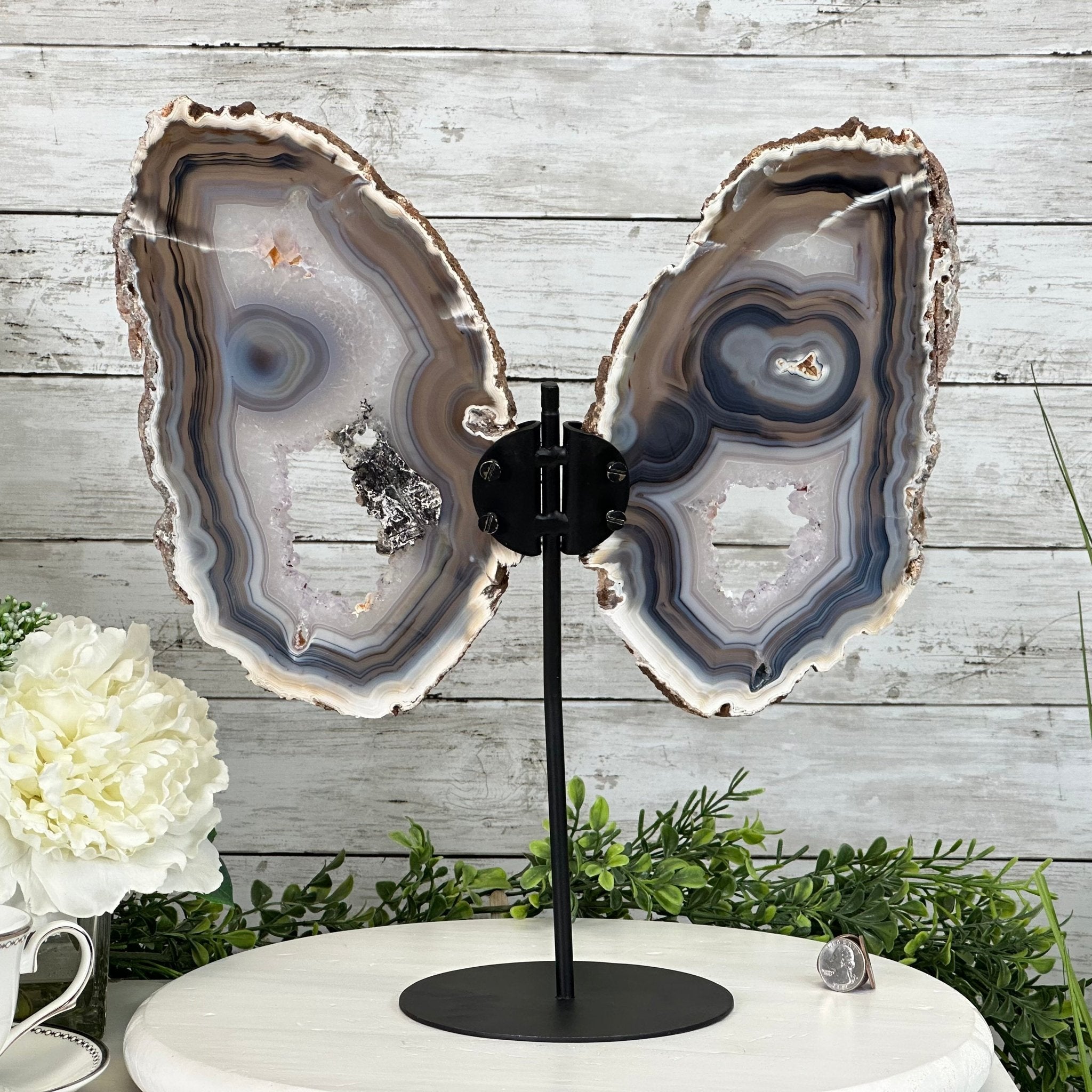 Special Natural Brazilian Agate "Butterfly Wings", Metal Stand, 15.7" Tall Model #5050NA-102 by Brazil Gems - Brazil GemsBrazil GemsSpecial Natural Brazilian Agate "Butterfly Wings", Metal Stand, 15.7" Tall Model #5050NA-102 by Brazil GemsAgate Butterfly Wings5050NA-102