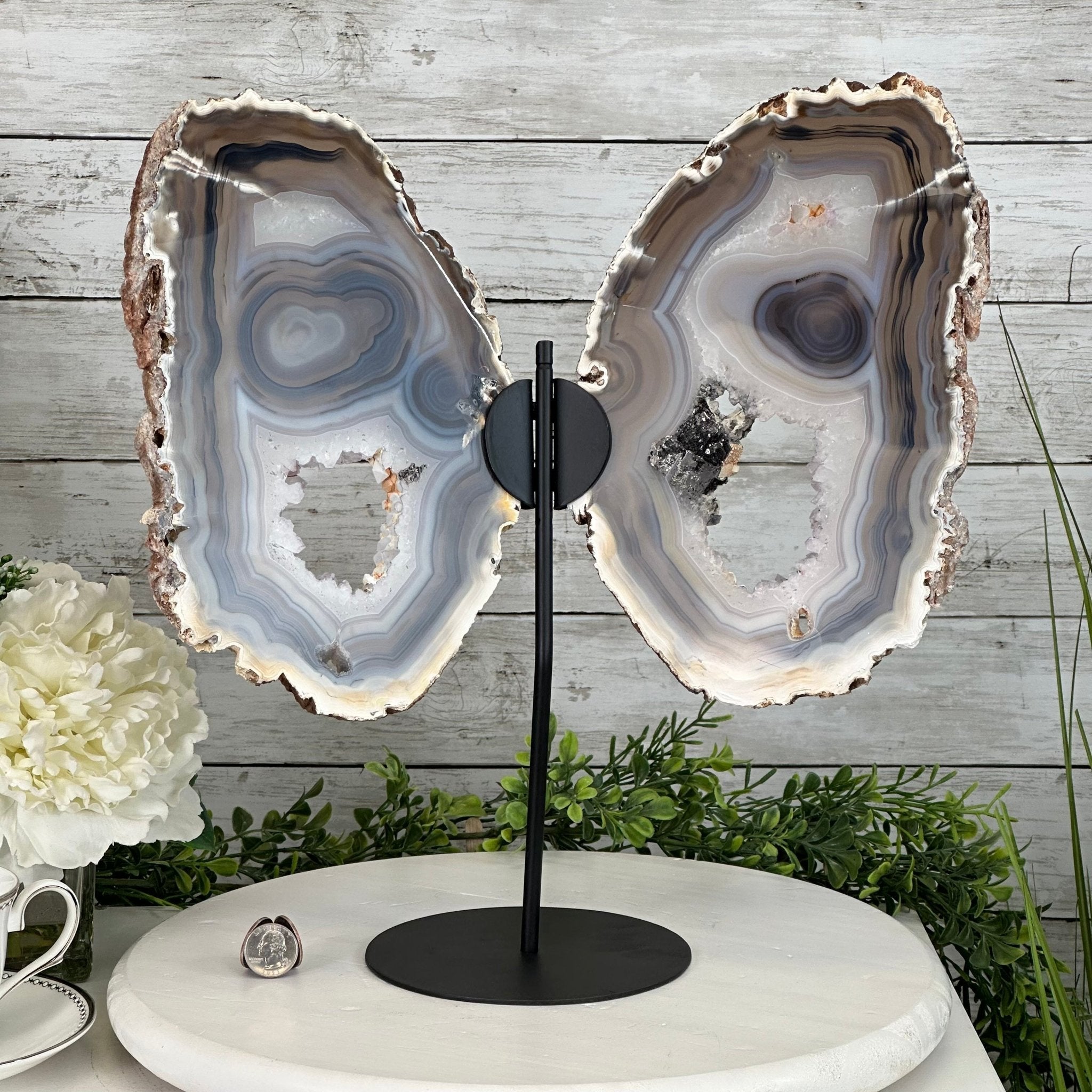 Special Natural Brazilian Agate "Butterfly Wings", Metal Stand, 15.7" Tall Model #5050NA-102 by Brazil Gems - Brazil GemsBrazil GemsSpecial Natural Brazilian Agate "Butterfly Wings", Metal Stand, 15.7" Tall Model #5050NA-102 by Brazil GemsAgate Butterfly Wings5050NA-102