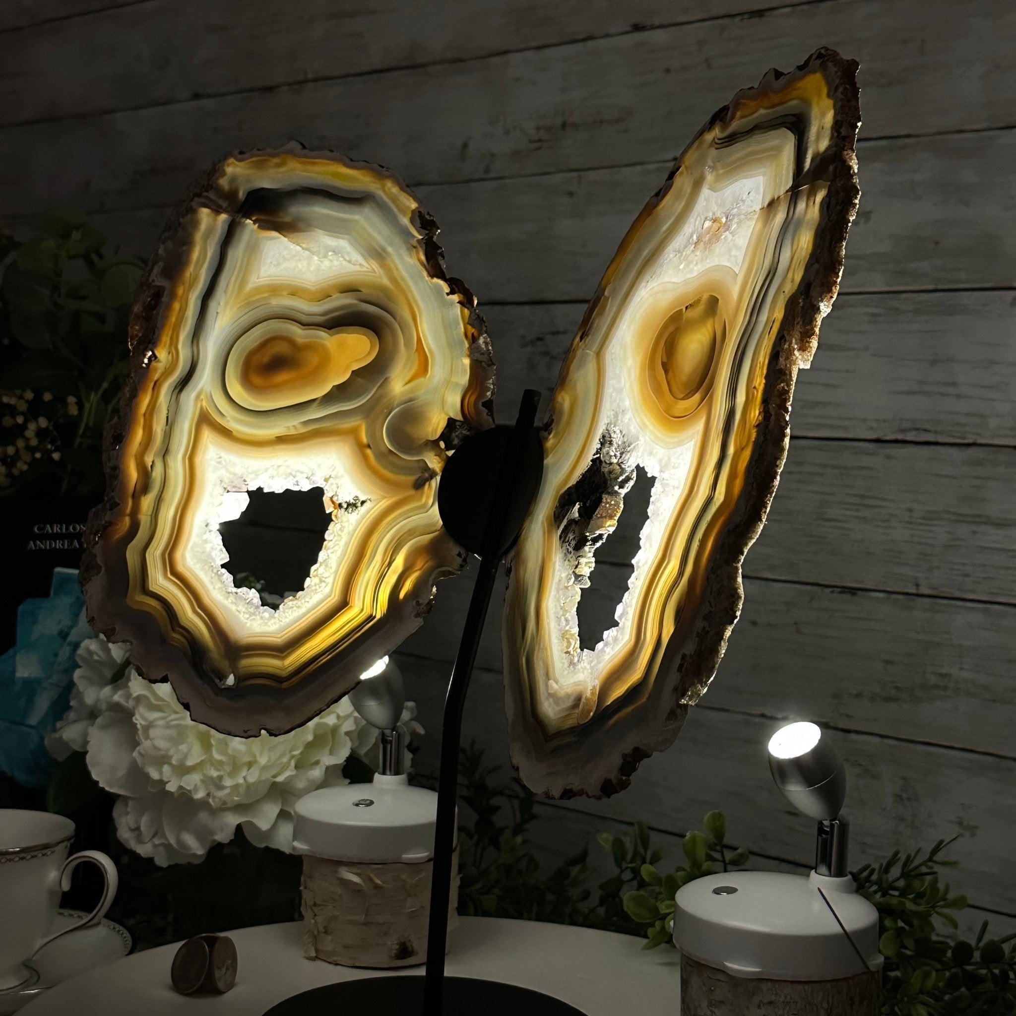 Special Natural Brazilian Agate "Butterfly Wings", Metal Stand, 15.7" Tall Model #5050NA-102 by Brazil Gems - Brazil GemsBrazil GemsSpecial Natural Brazilian Agate "Butterfly Wings", Metal Stand, 15.7" Tall Model #5050NA-102 by Brazil GemsAgate Butterfly Wings5050NA-102