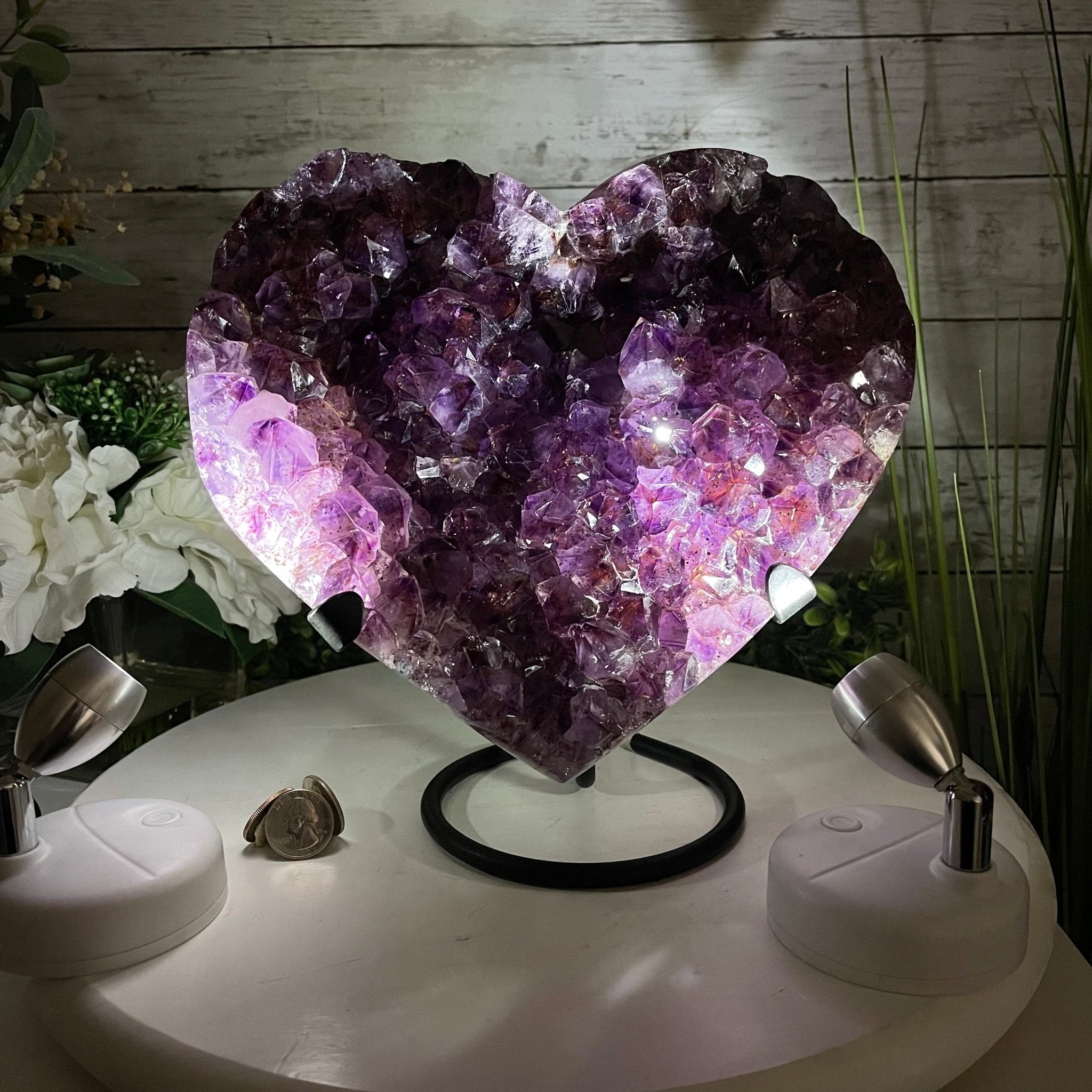 Standard Plus Quality Amethyst Heart Geode, metal stand, 11.9 lbs & 10" Tall Model #5463-0233 by Brazil Gems - Brazil GemsBrazil GemsStandard Plus Quality Amethyst Heart Geode, metal stand, 11.9 lbs & 10" Tall Model #5463-0233 by Brazil GemsHearts5463-0233