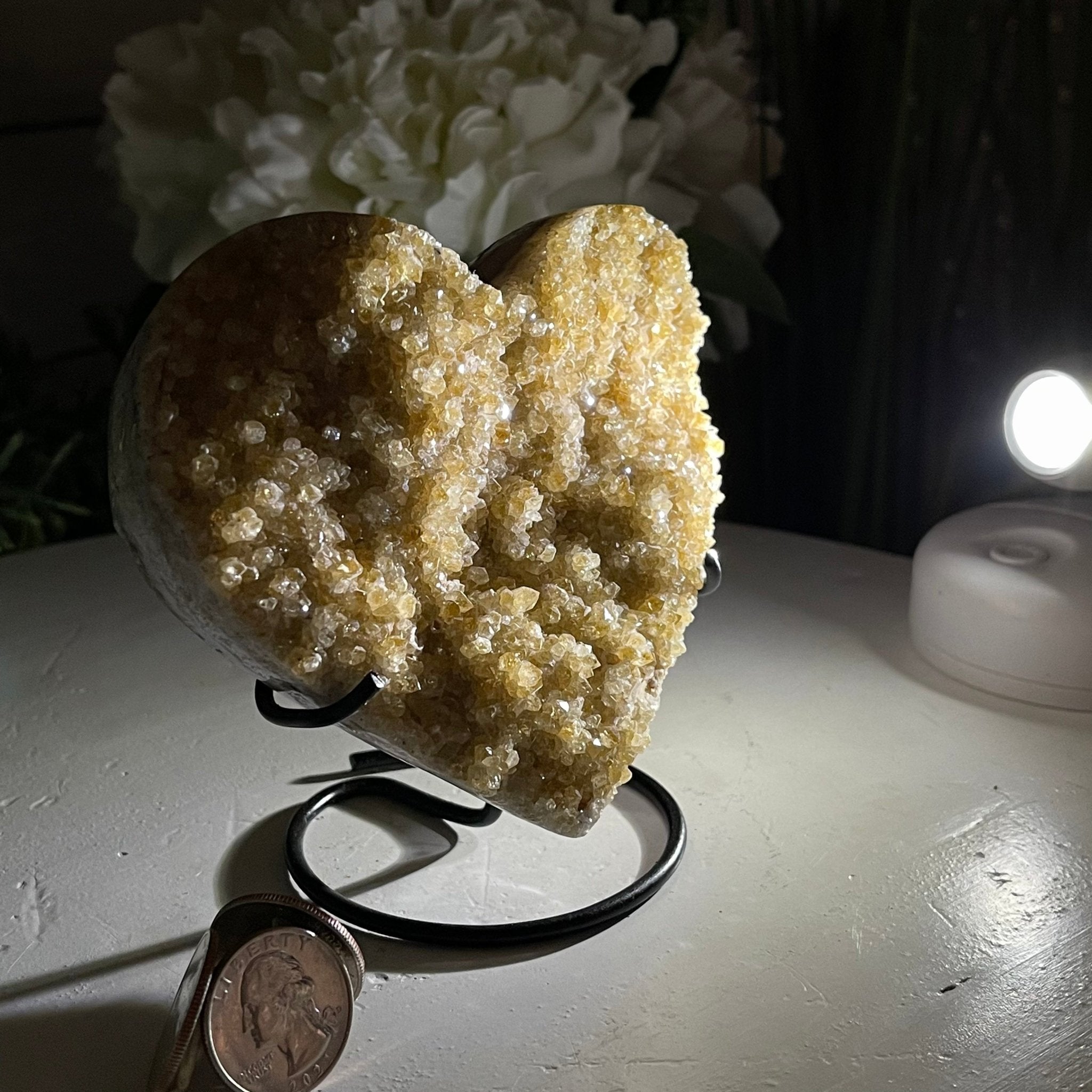 Standard Plus Quality Citrine Heart Geode, metal stand, 1.2 lbs & 5" Tall Model #5465-0021 by Brazil Gems - Brazil GemsBrazil GemsStandard Plus Quality Citrine Heart Geode, metal stand, 1.2 lbs & 5" Tall Model #5465-0021 by Brazil GemsHearts5465-0021