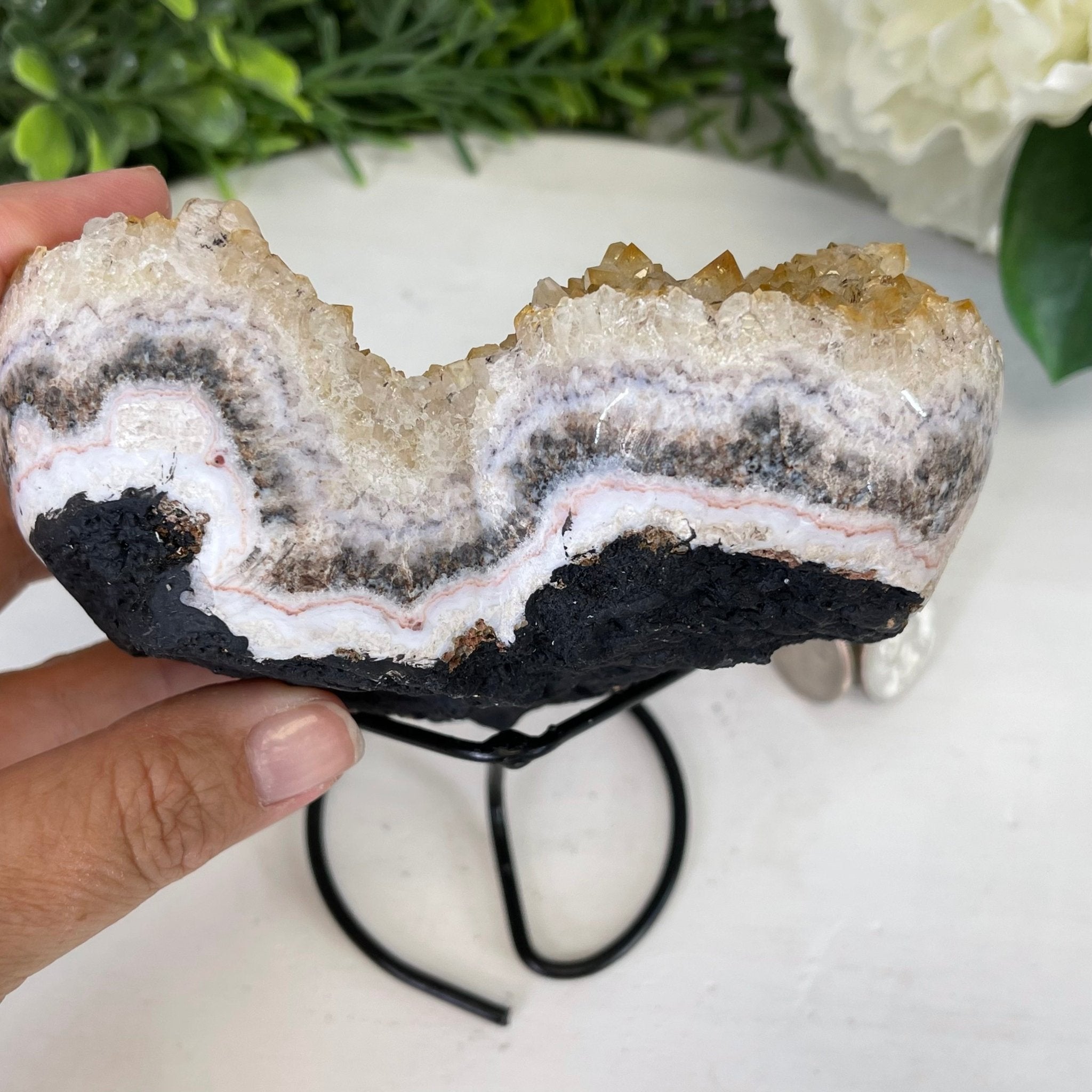 Standard Plus Quality Citrine Heart Geode, metal stand, 2.1 lbs & 6" Tall Model #5465-0034 by Brazil Gems - Brazil GemsBrazil GemsStandard Plus Quality Citrine Heart Geode, metal stand, 2.1 lbs & 6" Tall Model #5465-0034 by Brazil GemsHearts5465-0034