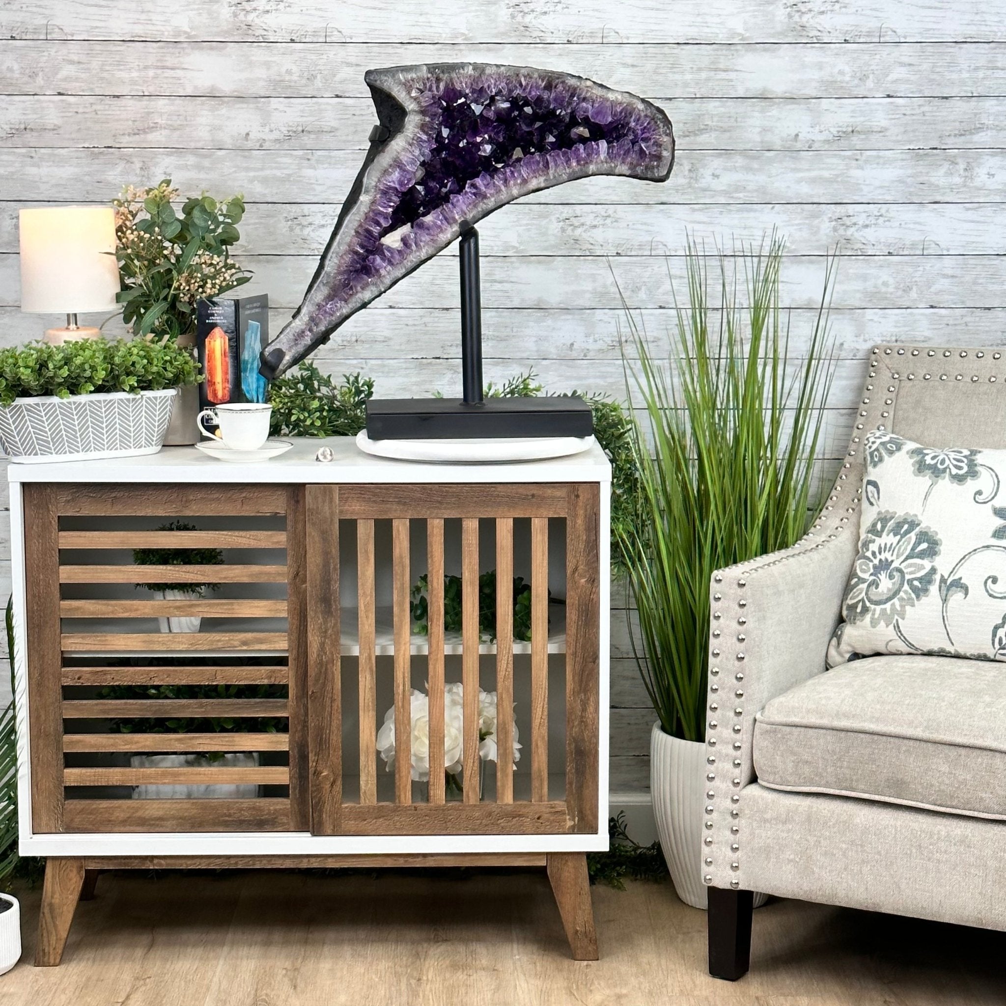 Super Quality Amethyst Cluster "Dolphin" on Metal Stand, 63.9 lbs & 23.1" tall #5491-0059 by Brazil Gems - Brazil GemsBrazil GemsSuper Quality Amethyst Cluster "Dolphin" on Metal Stand, 63.9 lbs & 23.1" tall #5491-0059 by Brazil GemsClusters on Fixed Bases5491-0059