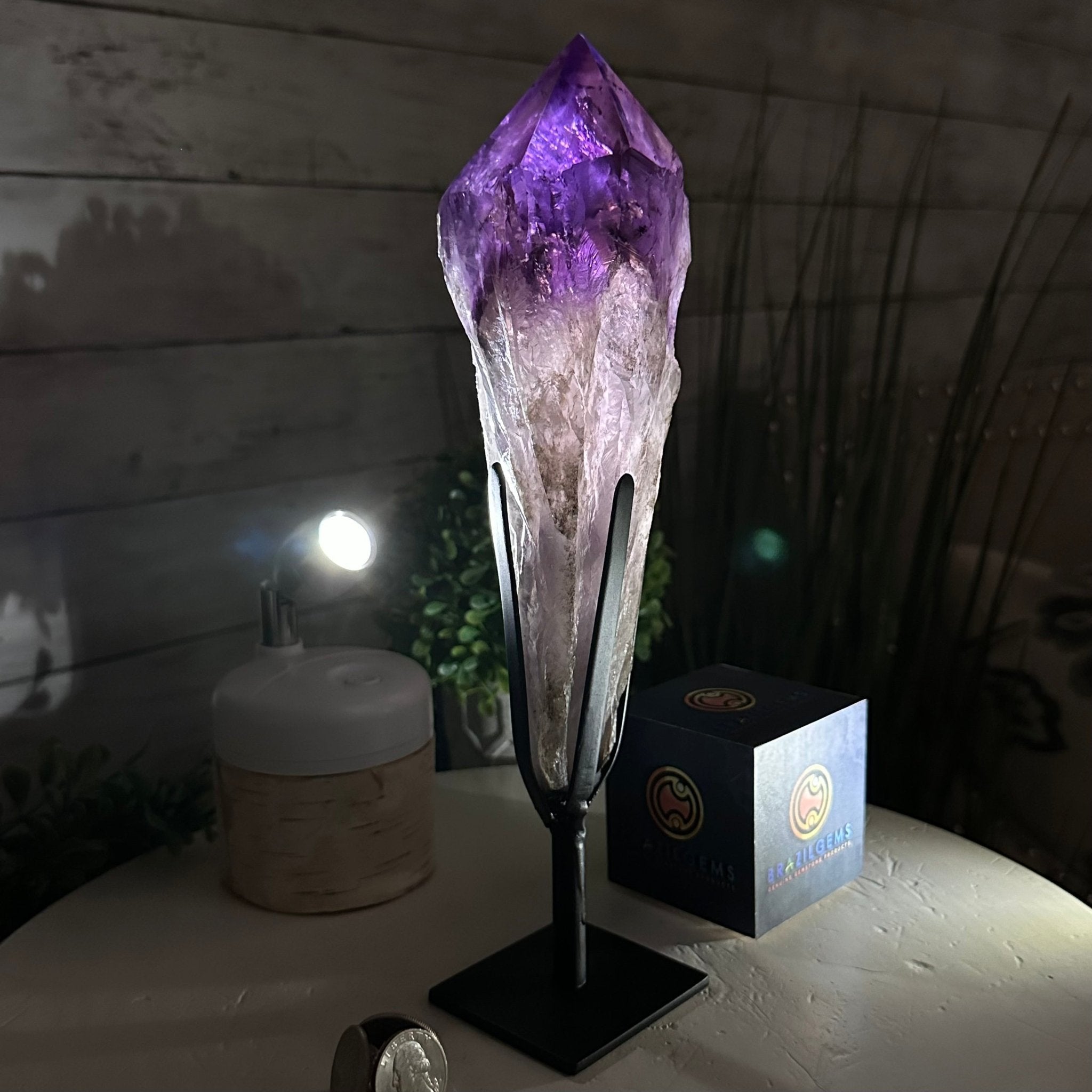 Super Quality Amethyst Wand on a Metal Stand, 2 lbs & 10.7" Tall #3123AM-009 - Brazil GemsBrazil GemsSuper Quality Amethyst Wand on a Metal Stand, 2 lbs & 10.7" Tall #3123AM-009Clusters on Fixed Bases3123AM-009