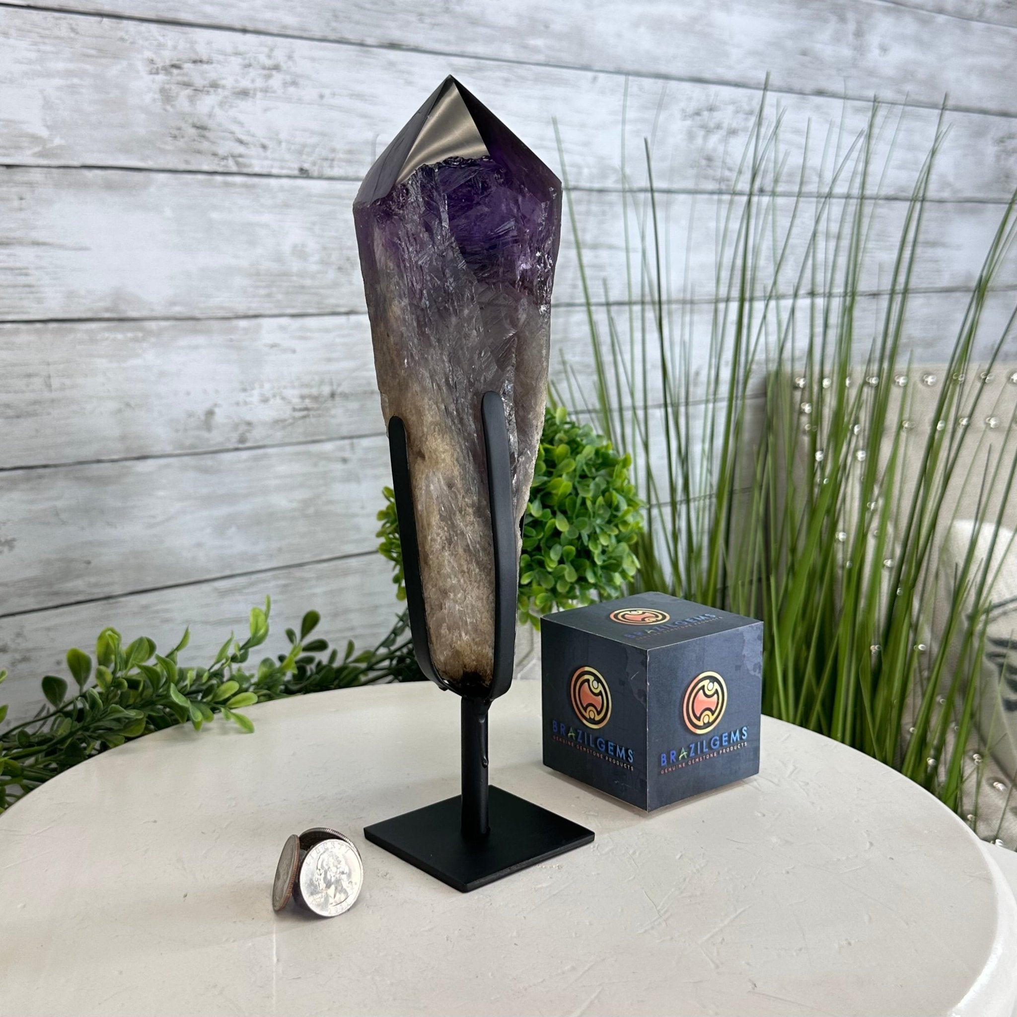 Super Quality Amethyst Wand on a Metal Stand, 2.1 lbs & 10.6" Tall #3123AM-010 - Brazil GemsBrazil GemsSuper Quality Amethyst Wand on a Metal Stand, 2.1 lbs & 10.6" Tall #3123AM-010Clusters on Fixed Bases3123AM-010
