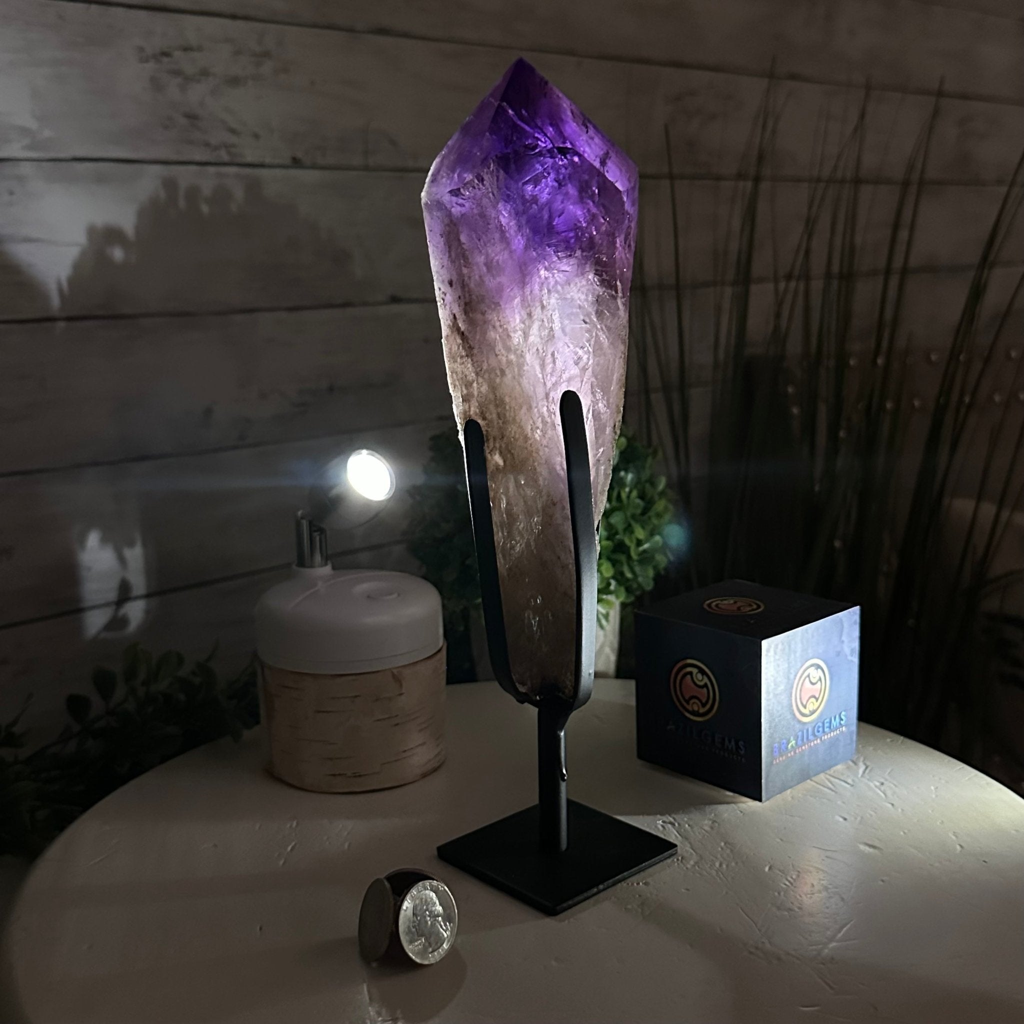 Super Quality Amethyst Wand on a Metal Stand, 2.1 lbs & 10.6" Tall #3123AM-010 - Brazil GemsBrazil GemsSuper Quality Amethyst Wand on a Metal Stand, 2.1 lbs & 10.6" Tall #3123AM-010Clusters on Fixed Bases3123AM-010