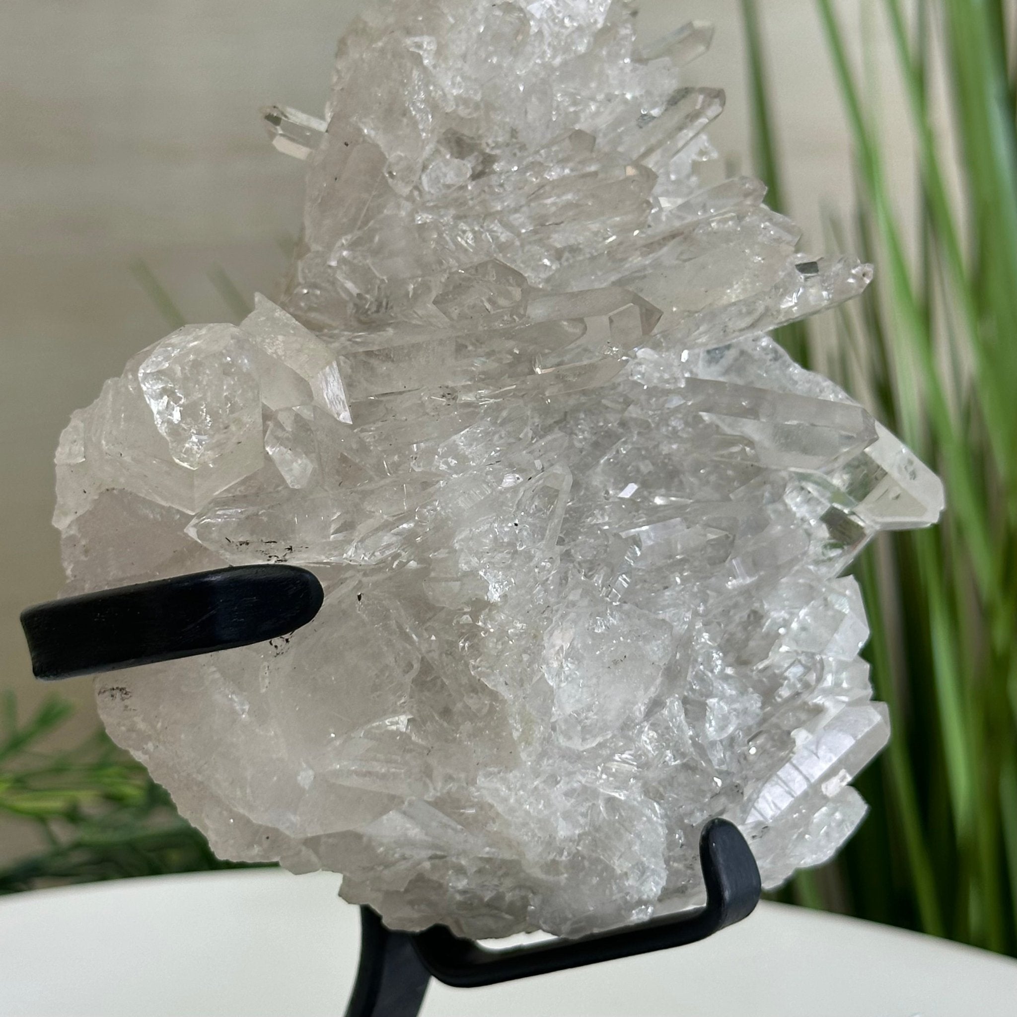 Super Quality Clear Quartz Cluster, Metal Stand, 2.8 lbs & 8.5" Tall 5495 - 0081 - Brazil GemsBrazil GemsSuper Quality Clear Quartz Cluster, Metal Stand, 2.8 lbs & 8.5" Tall 5495 - 0081Clusters on Fixed Bases5495 - 0081