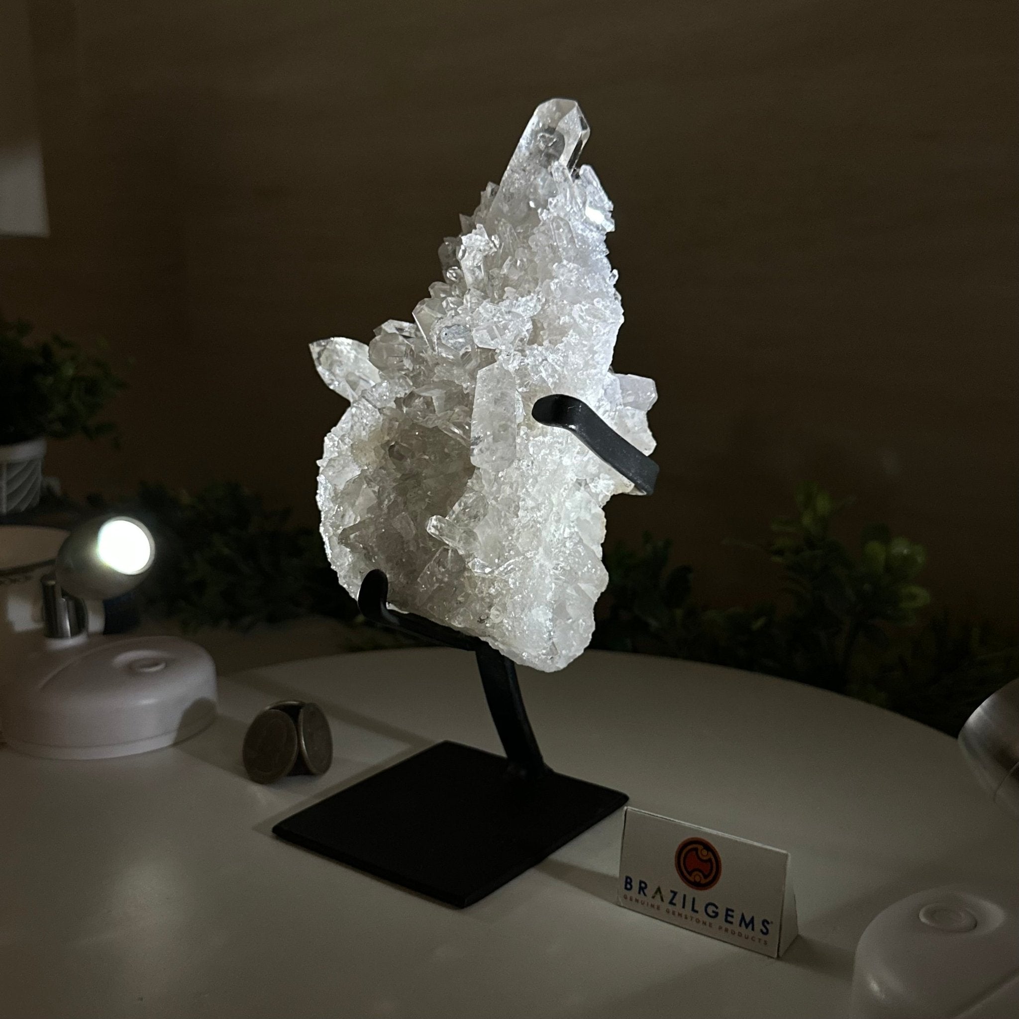 Super Quality Clear Quartz Cluster, Metal Stand, 2.8 lbs & 8.5" Tall 5495 - 0081 - Brazil GemsBrazil GemsSuper Quality Clear Quartz Cluster, Metal Stand, 2.8 lbs & 8.5" Tall 5495 - 0081Clusters on Fixed Bases5495 - 0081