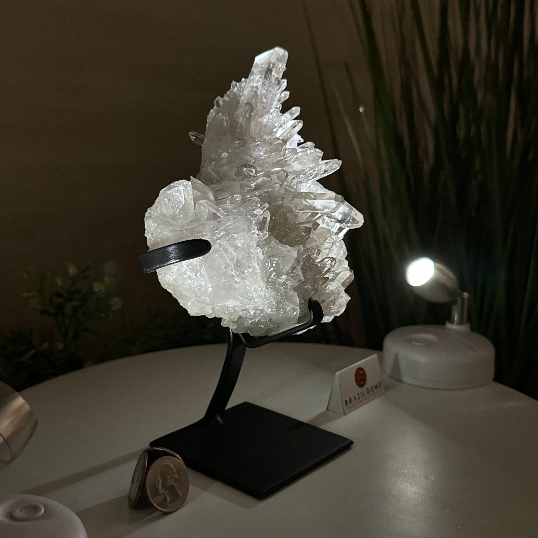 Super Quality Clear Quartz Cluster, Metal Stand, 2.8 lbs & 8.5" Tall 5495 - 0081 - Brazil GemsBrazil GemsSuper Quality Clear Quartz Cluster, Metal Stand, 2.8 lbs & 8.5" Tall 5495 - 0081Clusters on Fixed Bases5495 - 0081