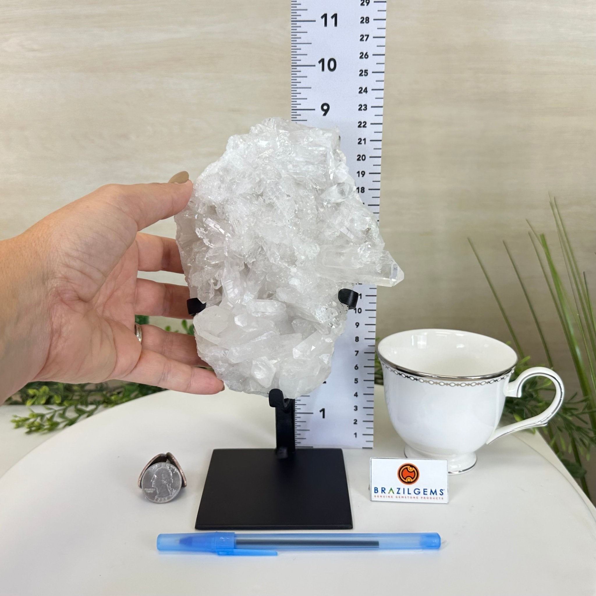 Super Quality Clear Quartz Cluster, Metal Stand, 3.1 lbs & 8.8" Tall 5495 - 0082 - Brazil GemsBrazil GemsSuper Quality Clear Quartz Cluster, Metal Stand, 3.1 lbs & 8.8" Tall 5495 - 0082Clusters on Fixed Bases5495 - 0082