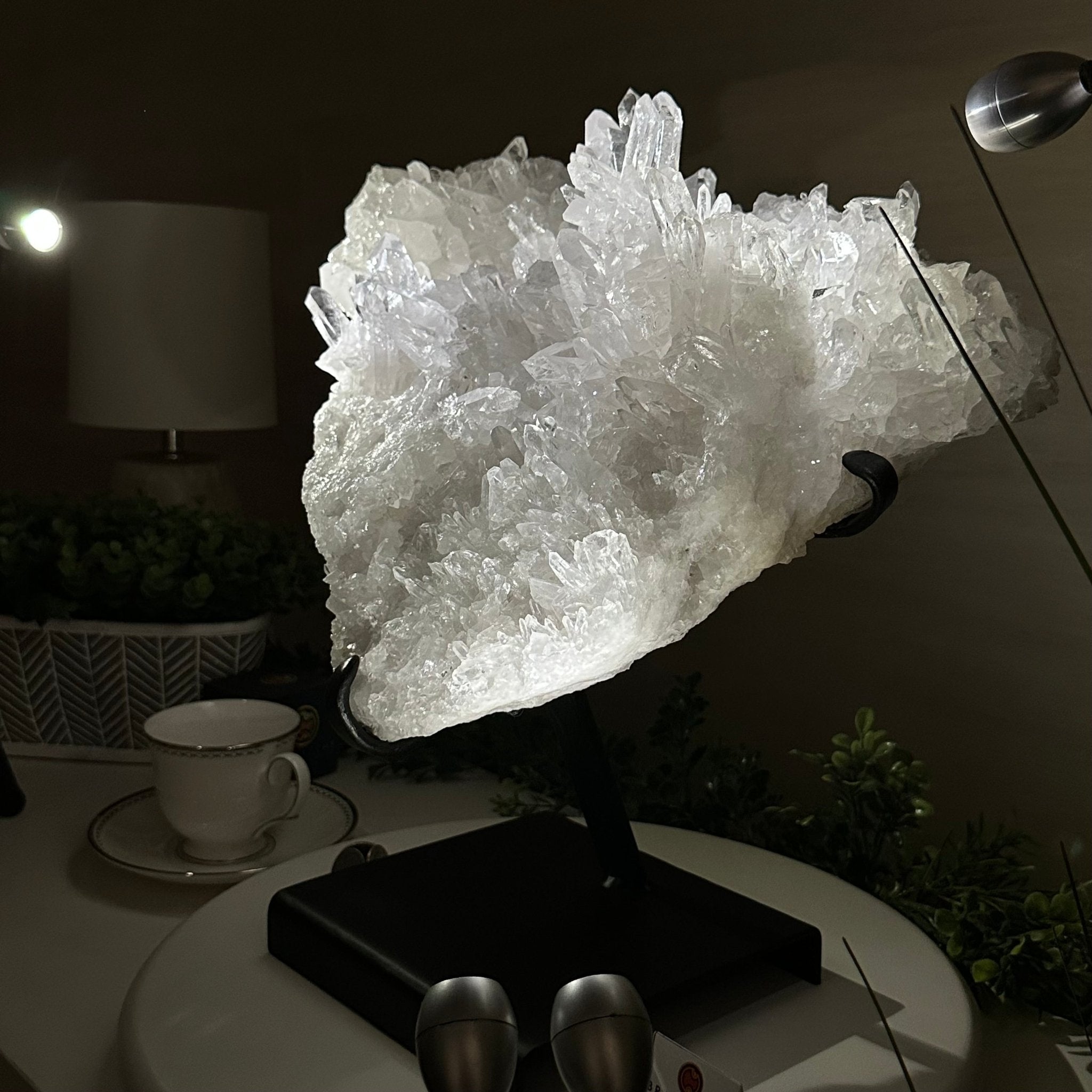 Super Quality Clear Quartz Cluster, Metal Stand, 33.7 lbs & 15.7" Tall 5495 - 0099 - Brazil GemsBrazil GemsSuper Quality Clear Quartz Cluster, Metal Stand, 33.7 lbs & 15.7" Tall 5495 - 0099Clusters on Fixed Bases5495 - 0099