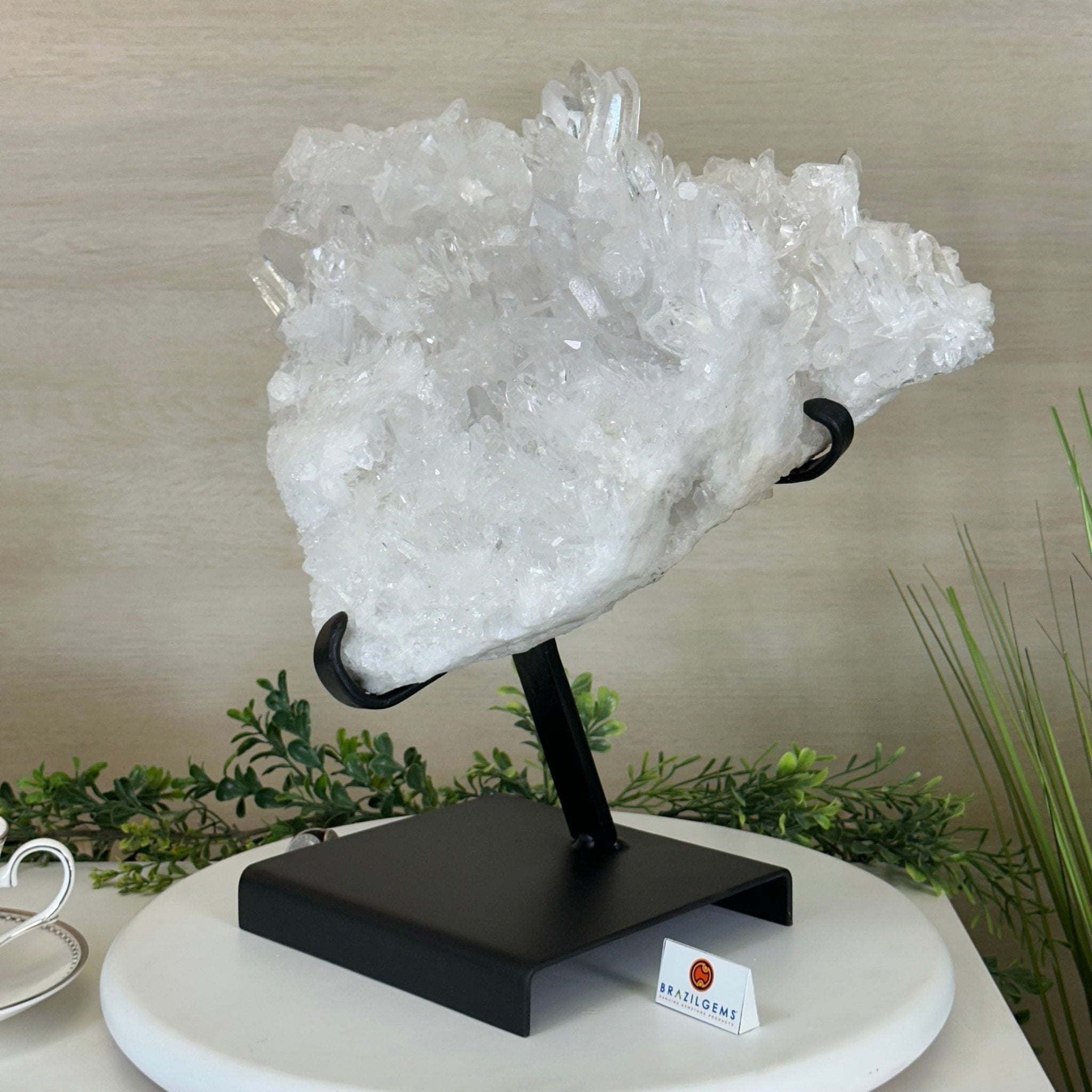Super Quality Clear Quartz Cluster, Metal Stand, 33.7 lbs & 15.7" Tall 5495 - 0099 - Brazil GemsBrazil GemsSuper Quality Clear Quartz Cluster, Metal Stand, 33.7 lbs & 15.7" Tall 5495 - 0099Clusters on Fixed Bases5495 - 0099