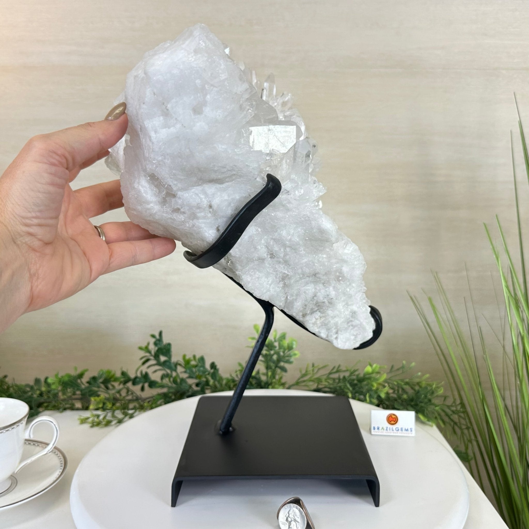 Super Quality Clear Quartz Cluster, Metal Stand, 33.7 lbs & 15.7" Tall 5495 - 0099 - Brazil GemsBrazil GemsSuper Quality Clear Quartz Cluster, Metal Stand, 33.7 lbs & 15.7" Tall 5495 - 0099Clusters on Fixed Bases5495 - 0099