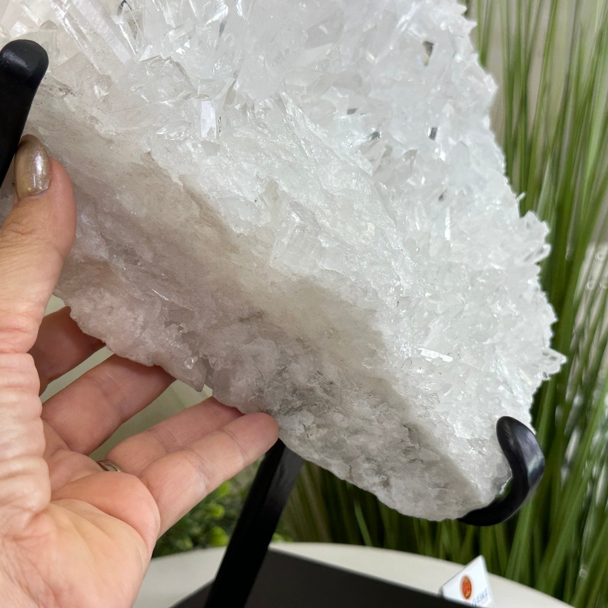 Super Quality Clear Quartz Cluster, Metal Stand, 33.7 lbs & 15.7" Tall 5495 - 0099 - Brazil GemsBrazil GemsSuper Quality Clear Quartz Cluster, Metal Stand, 33.7 lbs & 15.7" Tall 5495 - 0099Clusters on Fixed Bases5495 - 0099