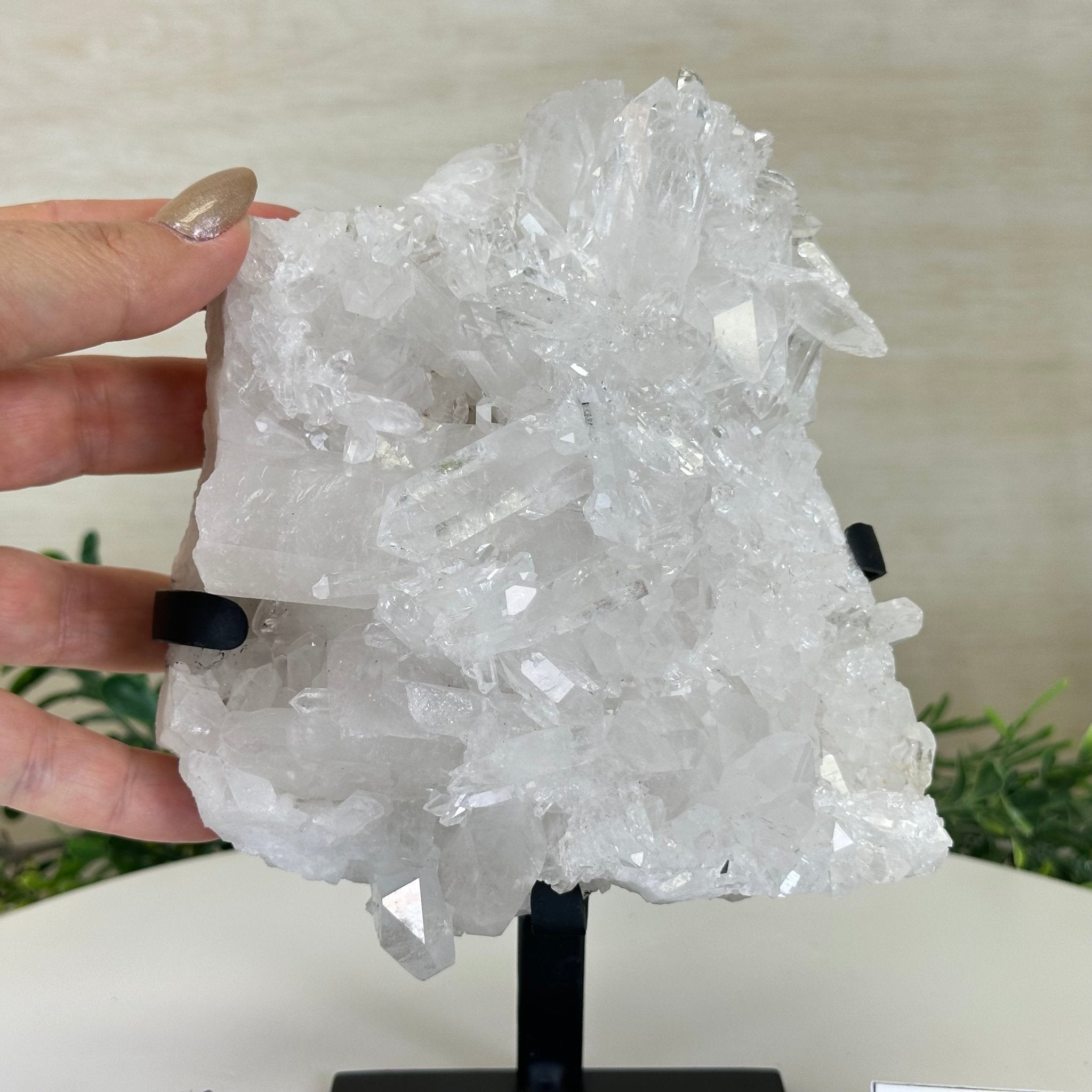 Super Quality Clear Quartz Cluster, Metal Stand, 3.5 lbs & 8.2" Tall 5495 - 0084 - Brazil GemsBrazil GemsSuper Quality Clear Quartz Cluster, Metal Stand, 3.5 lbs & 8.2" Tall 5495 - 0084Clusters on Fixed Bases5495 - 0084