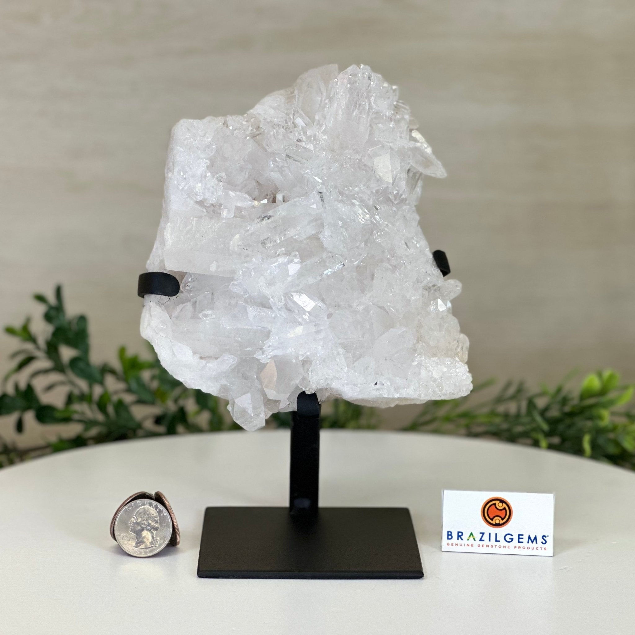 Super Quality Clear Quartz Cluster, Metal Stand, 3.5 lbs & 8.2" Tall 5495 - 0084 - Brazil GemsBrazil GemsSuper Quality Clear Quartz Cluster, Metal Stand, 3.5 lbs & 8.2" Tall 5495 - 0084Clusters on Fixed Bases5495 - 0084